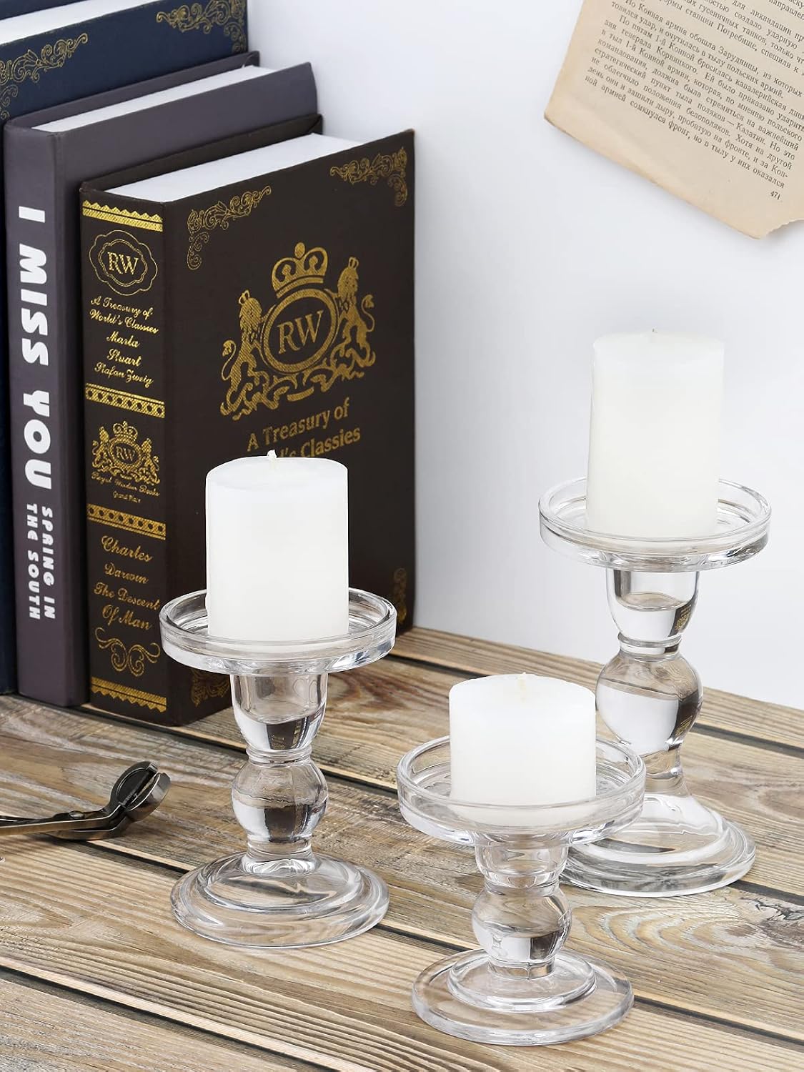 Lewondr Glass Candle Holders, Pillar Candle Holder, 3 Pcs, Crystal Clear | 5.5" 4.5" 3.5" Height, Glass Candlestick