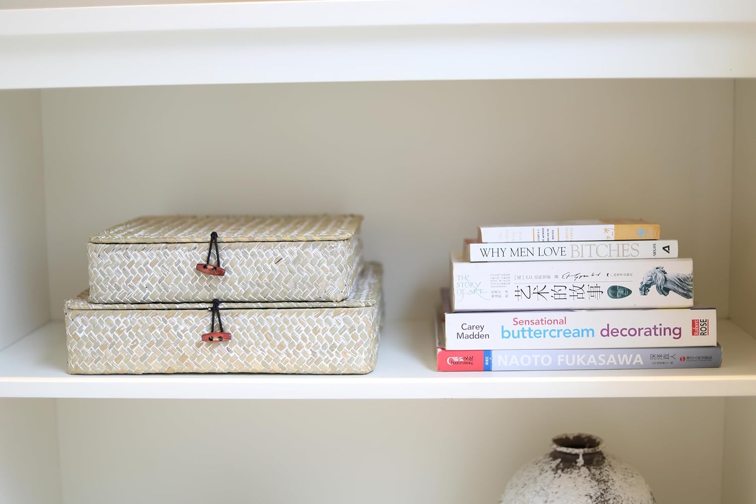 Wicker Basket / Flat Seagrass Storage Bins / Whitewash / Set of 2