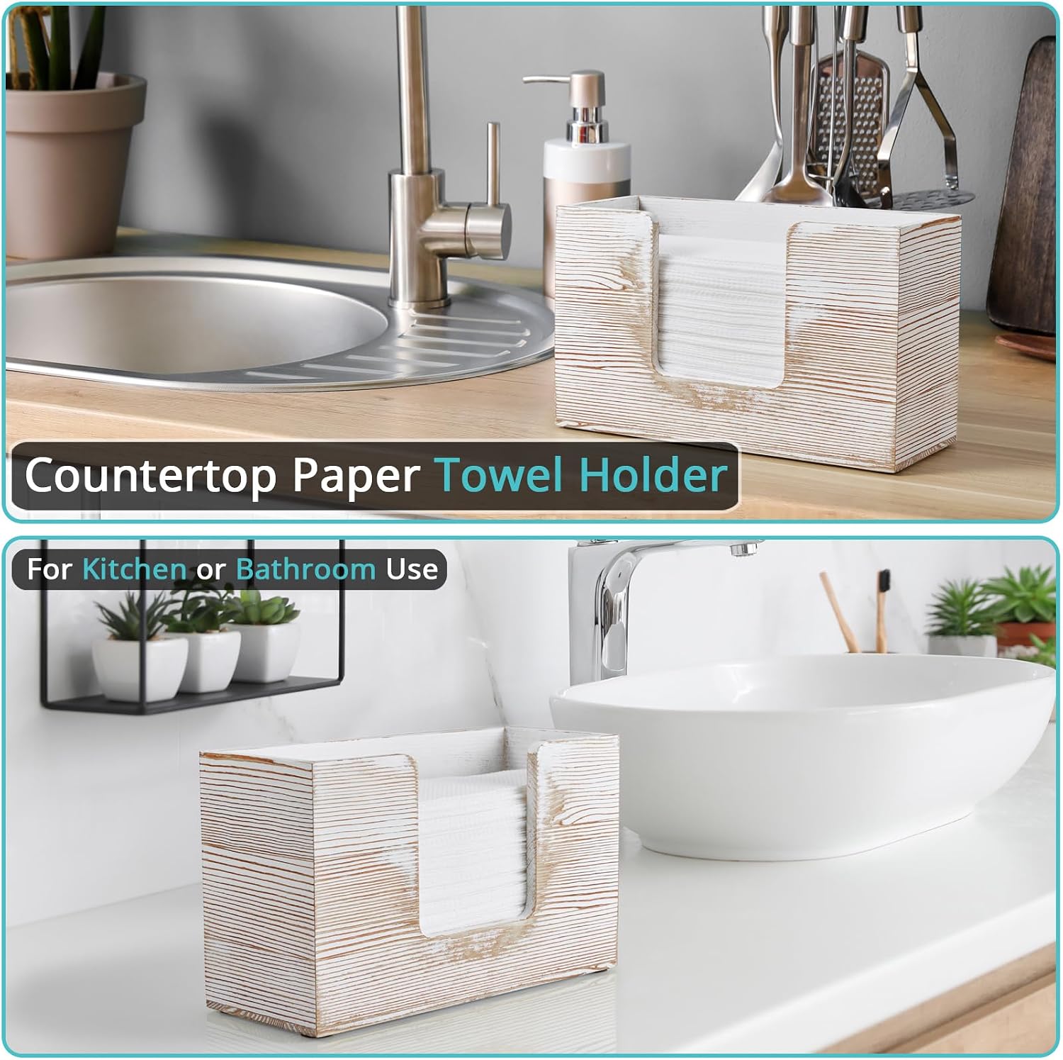 Paper Towel Dispenser Countertop, White Washed Wood Bathroom Paper Towel Holder, Napkin Holder for Kitchen, Countertop