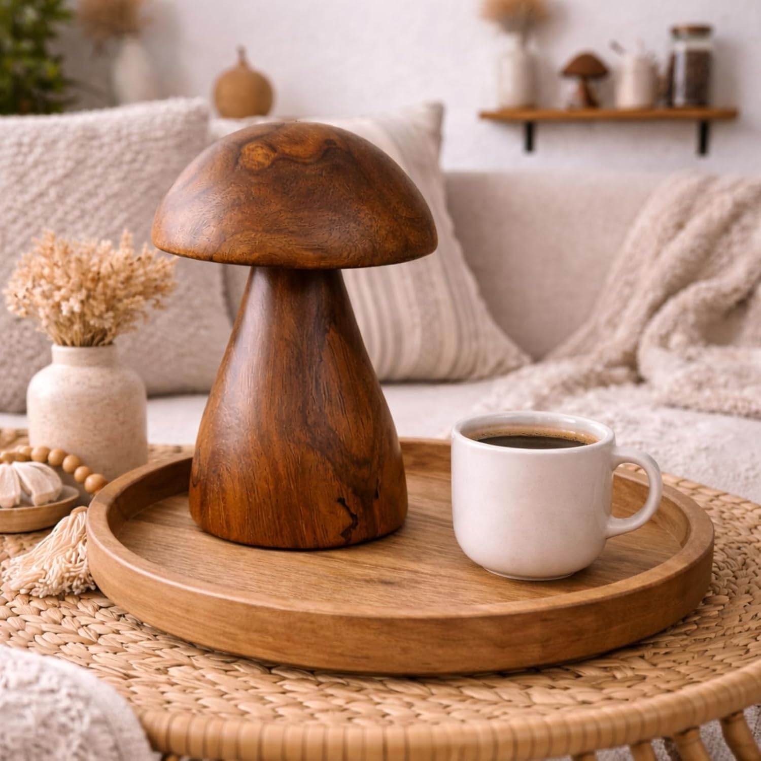 Boho Tabletop Figurine / Handmade Teak Wood Mushroom Decor Statue