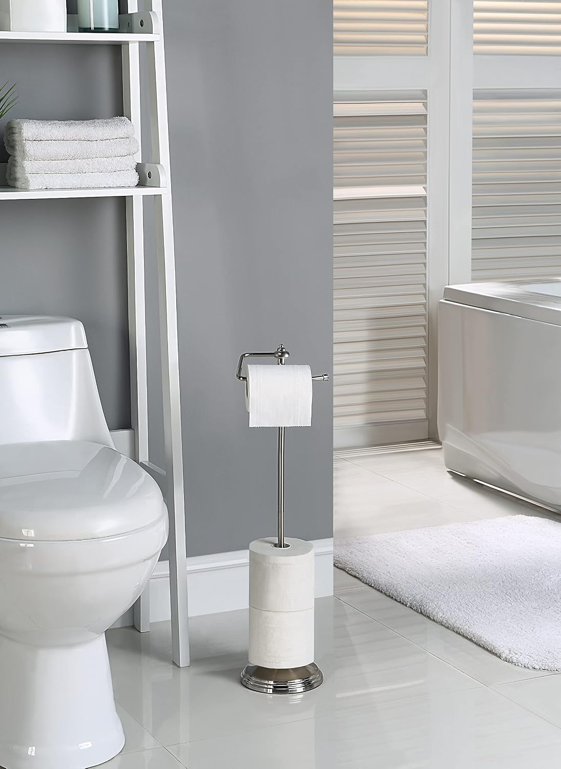SunnyPoint Bathroom Free Standing Toilet Tissue Paper Roll Holder Stand with Reserve Function, Satin Nickel