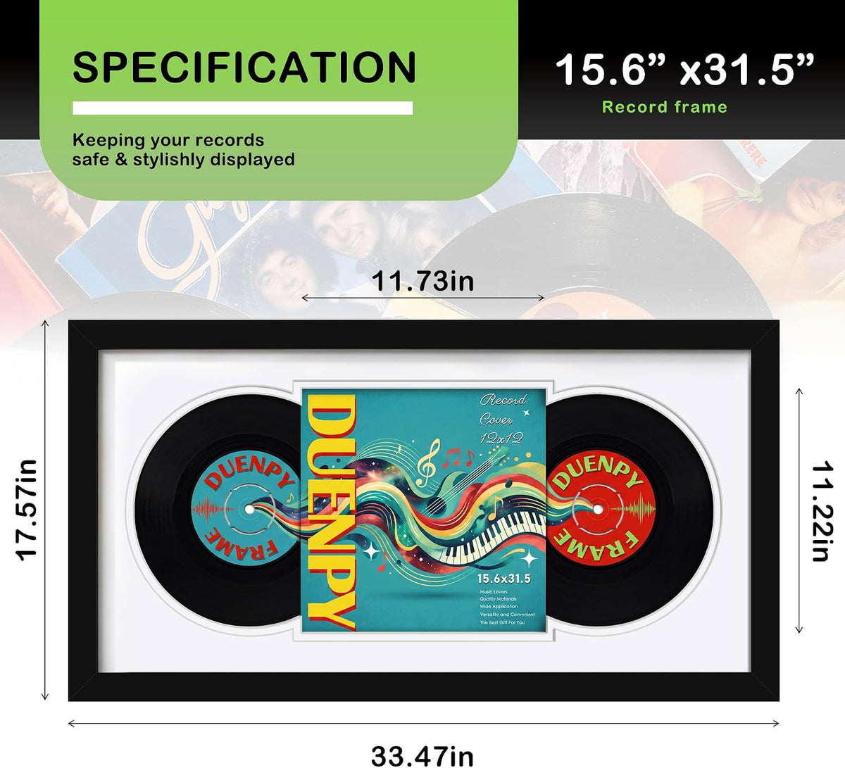 DUENPY 15.6x31.5 Vinyl Frame For 12.5x12.5 Cover White Mat | Displays 12.5x12.5 Album Cover Art, Supports Wall Mounting