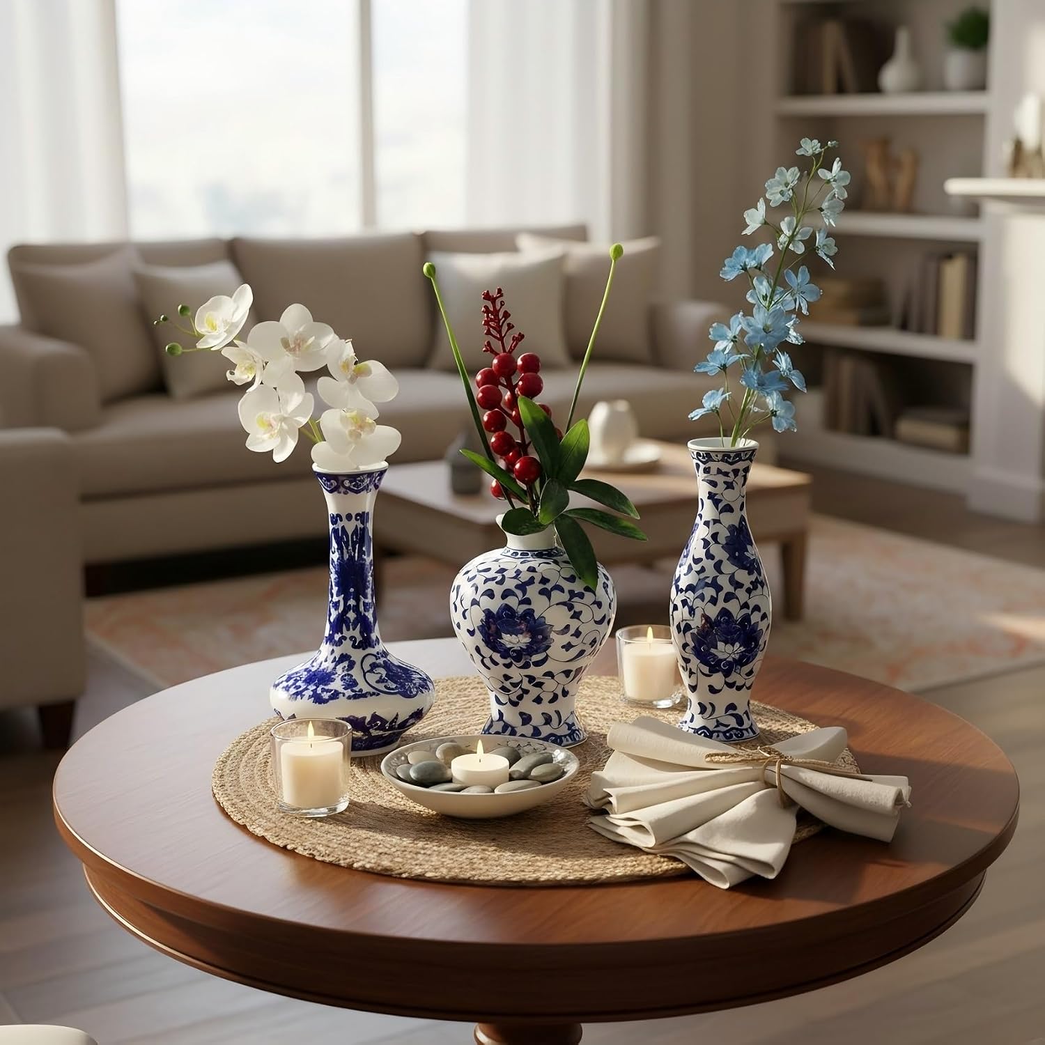 Ceramic Bud vase in Bulk for Farmhouse Table Centerpiece / Blue & White Porcelain Set / Set of 3