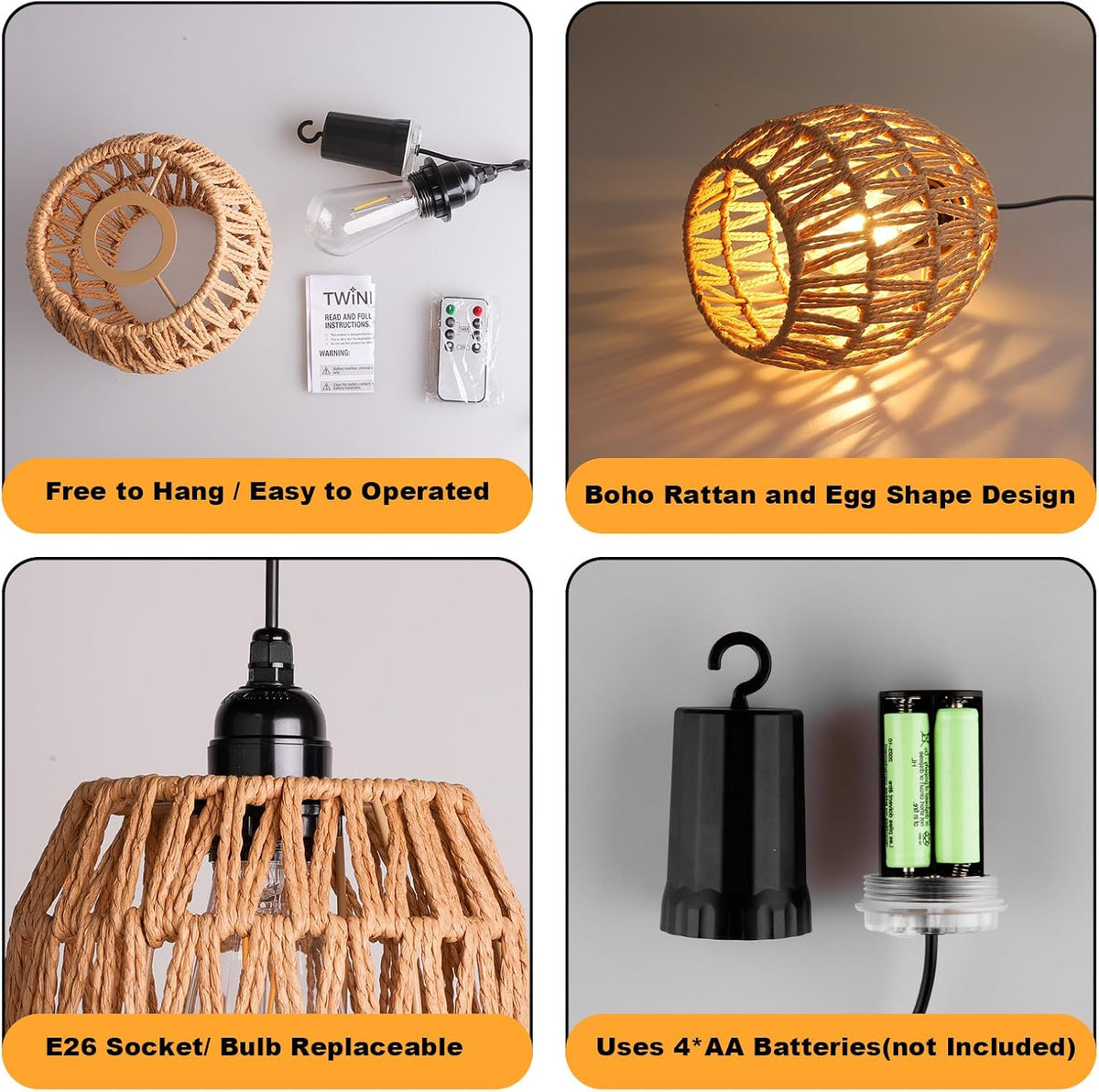 Battery Operated Chandelier, 2 Pack Natural Rattan Pendant Lights - Waterproof Outdoor Boho Hanging Lamps with
