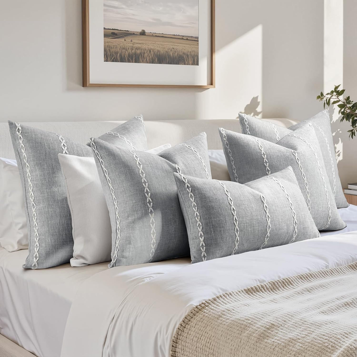 Grey Farmhouse Pillow Covers / Light Grey Stripe / 18 x 18 / Set of 2