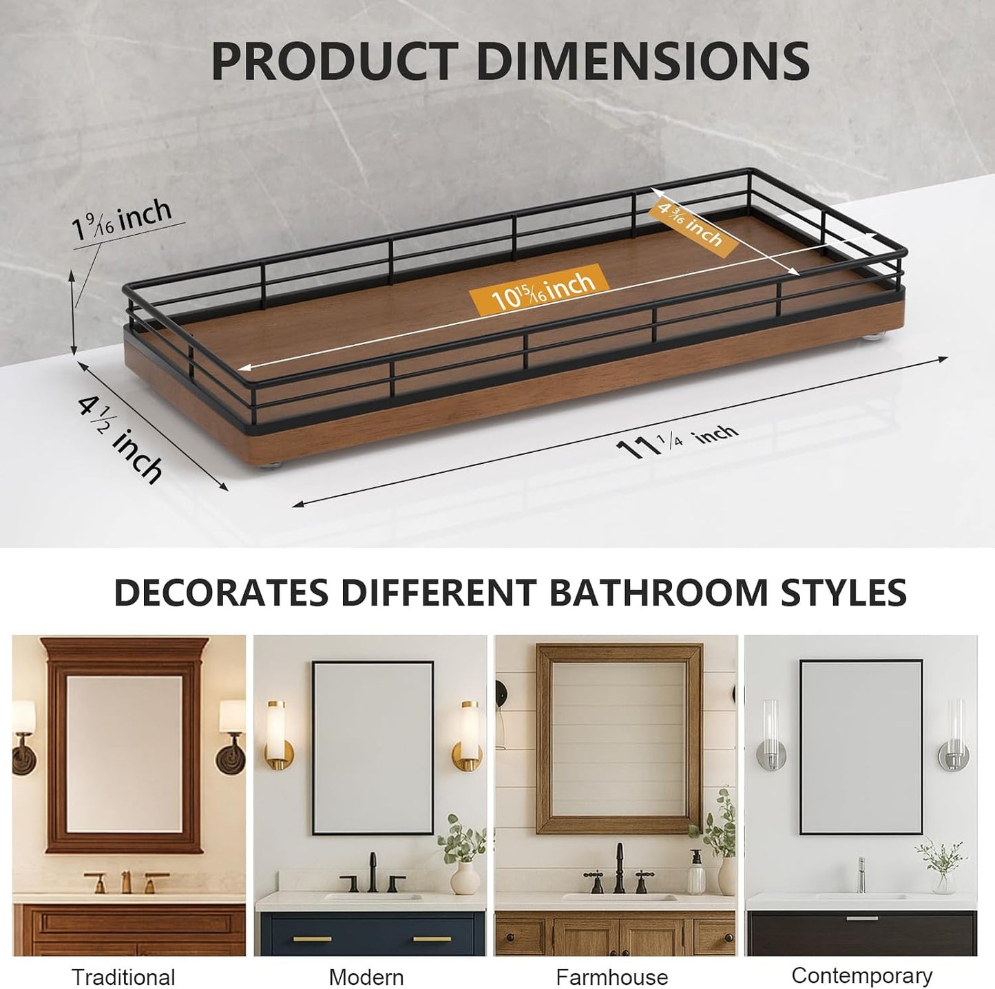 Oak Wood Vanity Tray / Black & Brown / 11 x 4.5 x 1.5