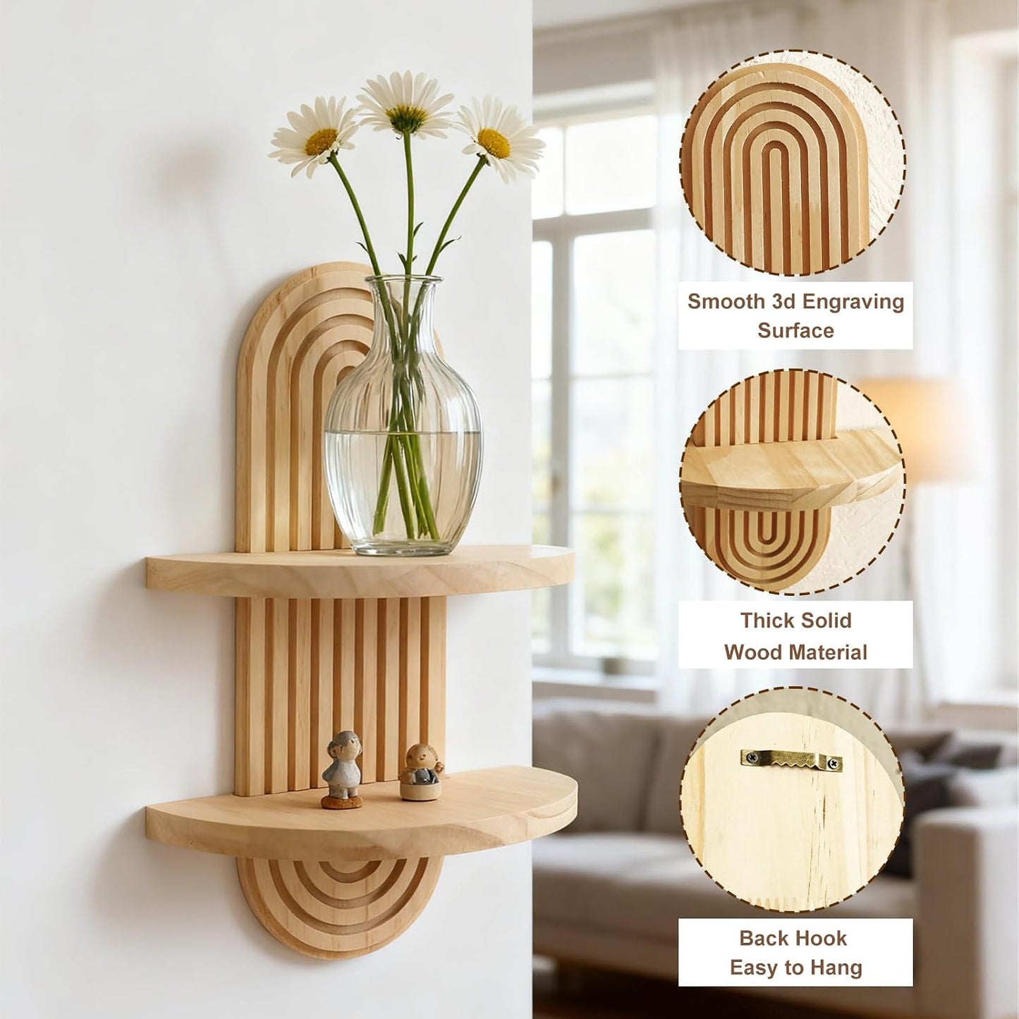 Shelf Wall Decor Boho Wood Floating Shelves Plant Holder 2-Tier Trinket Storage / 2 Beige / Set of 2