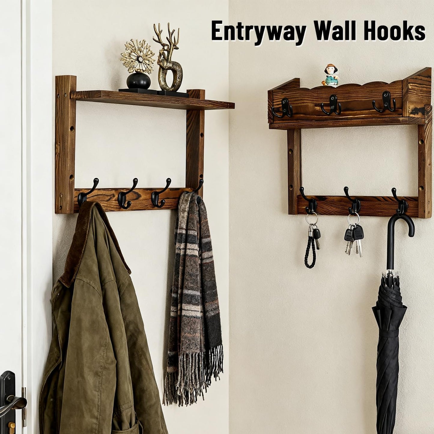Entryway Key Holder Wall Mount Wood Wall Coat Hooks / Brown / 28 Inch