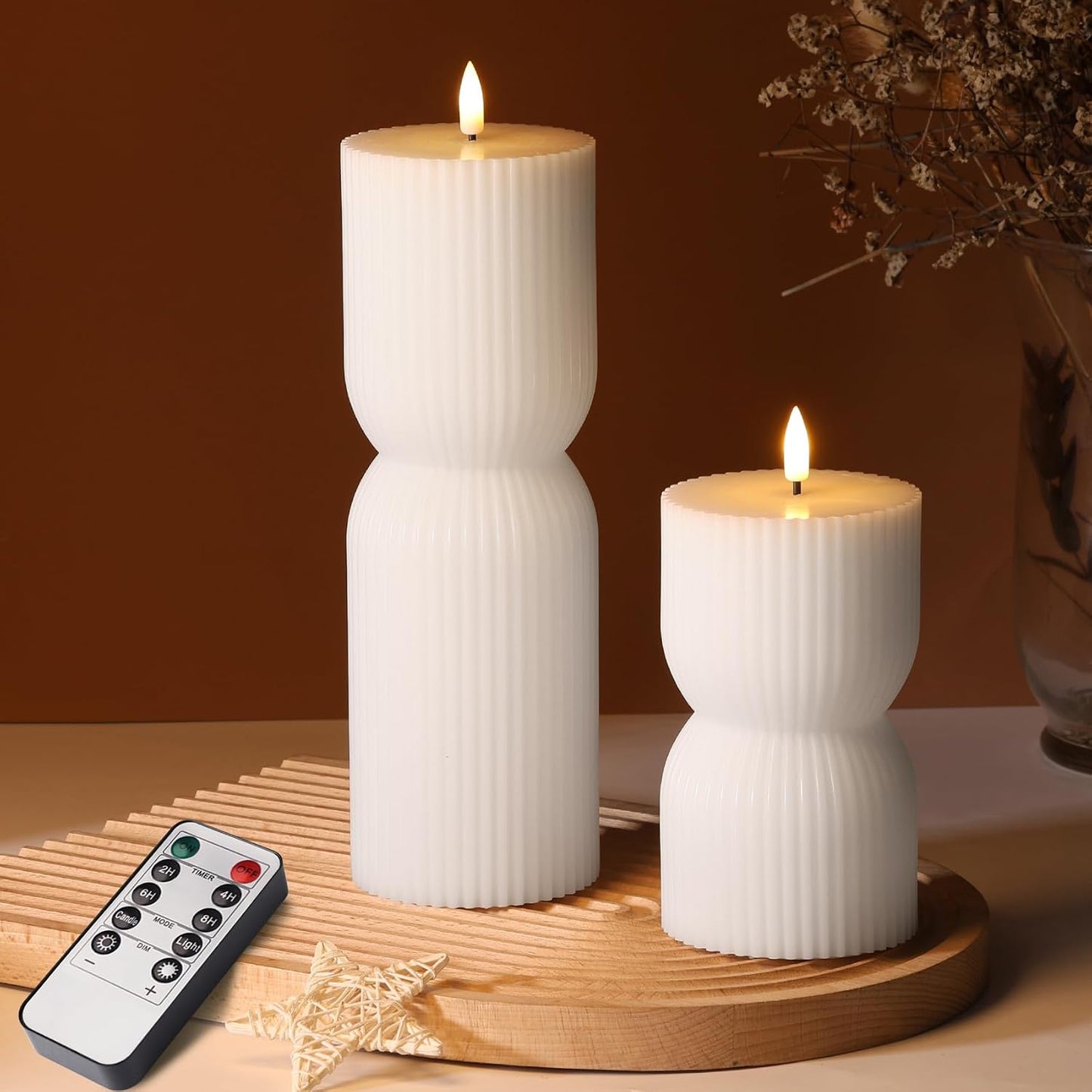 White Ribbed Flameless Pillar Candles with Remote Set of 2