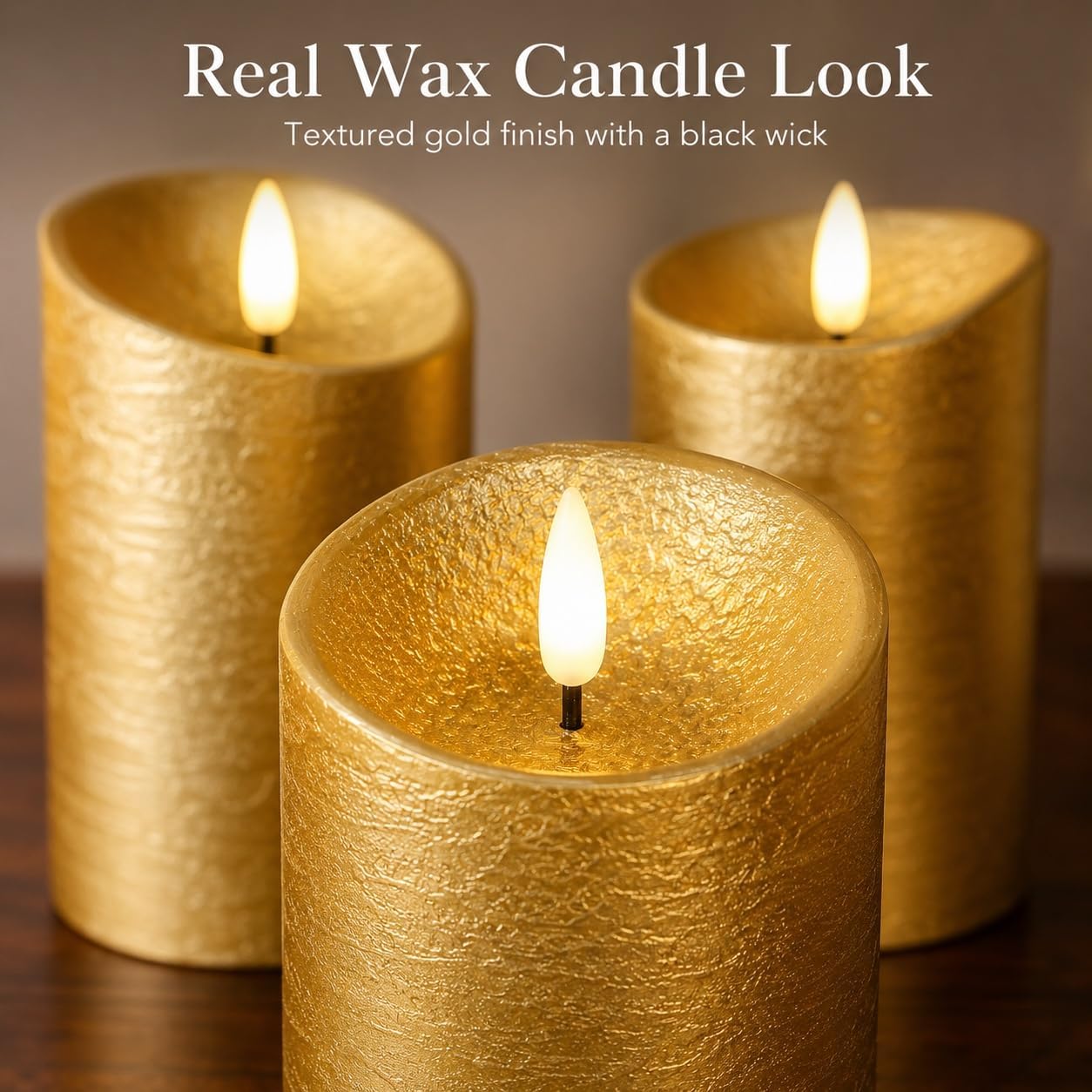 Gold Candles Battery Operated with Remote for Christmas Decor | 3 Inch Diameter, 4 5 6 Inch Heights, Real Wax Gold