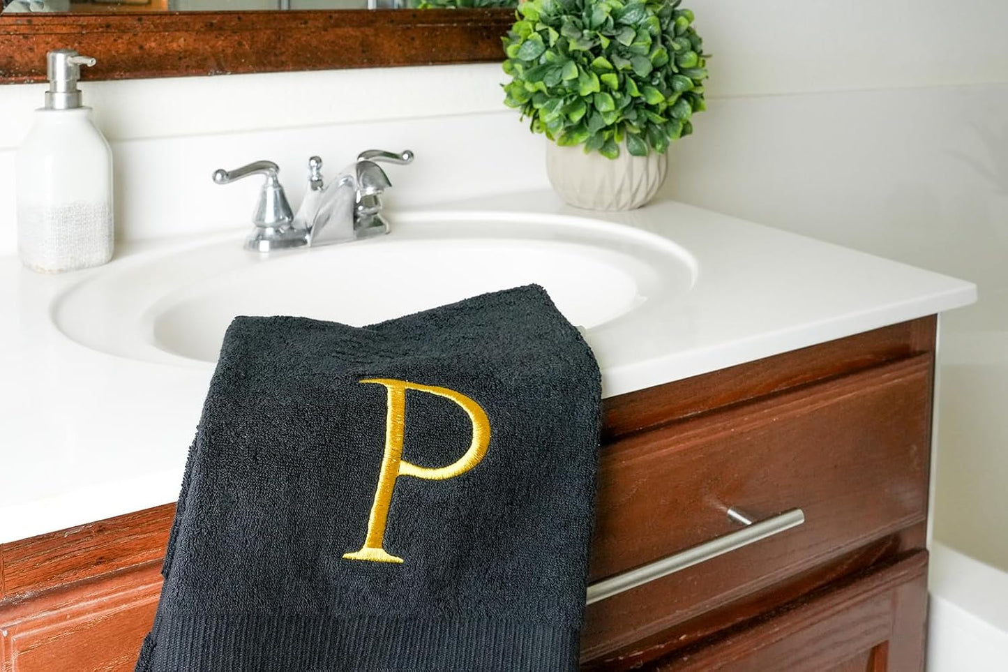 Black with Gold Monogrammed Hand Towels for Bathroom - Set of 2 Letter N | Luxury Hotel Quality Initial Towels For
