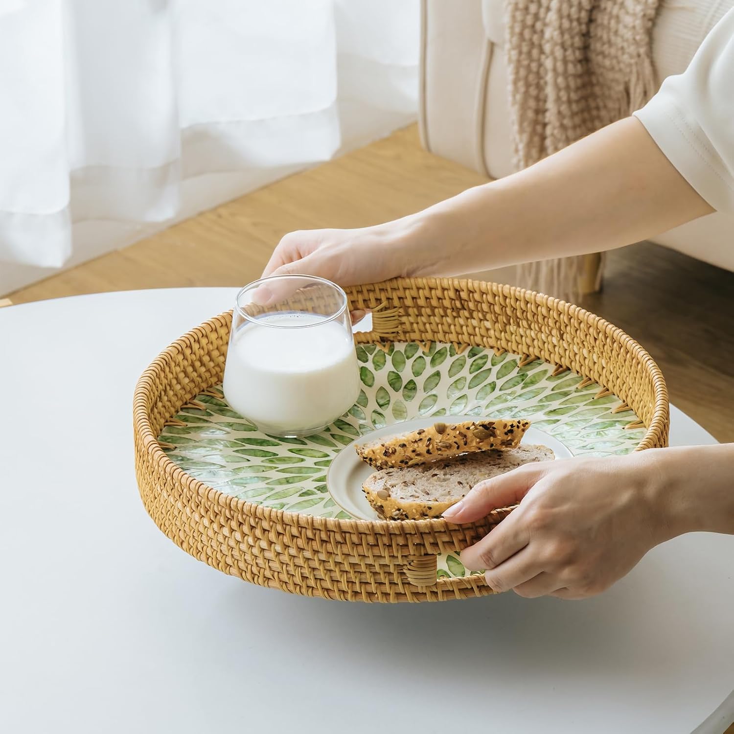 in Round Rattan Serving Tray / Green / 13.8 Inch