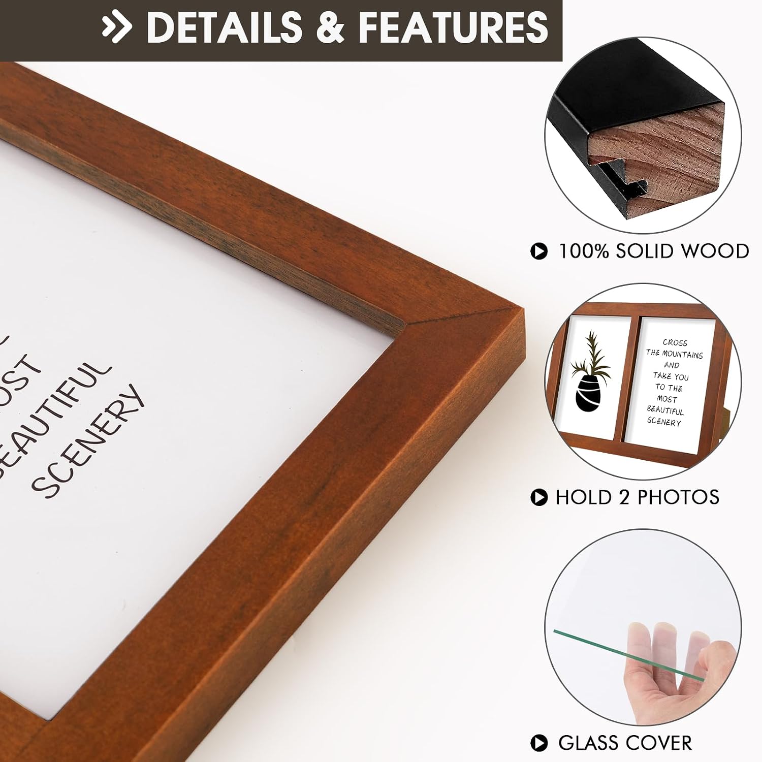 Golden State Art, 5x7 Double Picture Frame, Displays Two 5x7 Photos (Brown) | Solid Wood - Real Glass For Tabletop Or