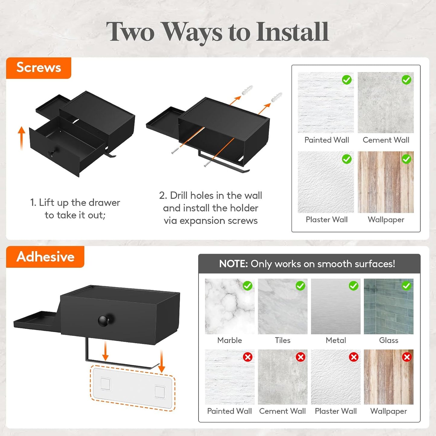 Lifewit Toilet Paper Holder Wall Mount with Shelf & Drawer, Black, 2 Pack | Screw or adhesive installation, sturdy