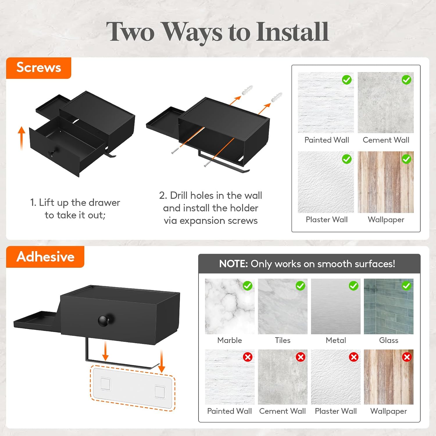 Lifewit Toilet Paper Holder Wall Mount with Shelf & Drawer, Black, 2 Pack | Screw or adhesive installation, sturdy