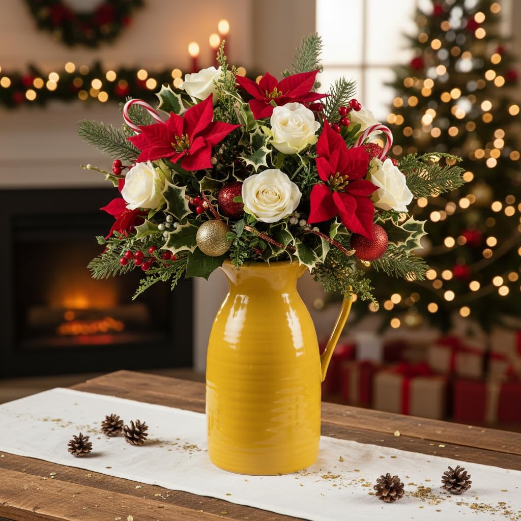 Farmhouse Pitcher Vase for Flowers- Decrative Pitchers White Ceramic Pitcher / Yellow - Pitcher Vase