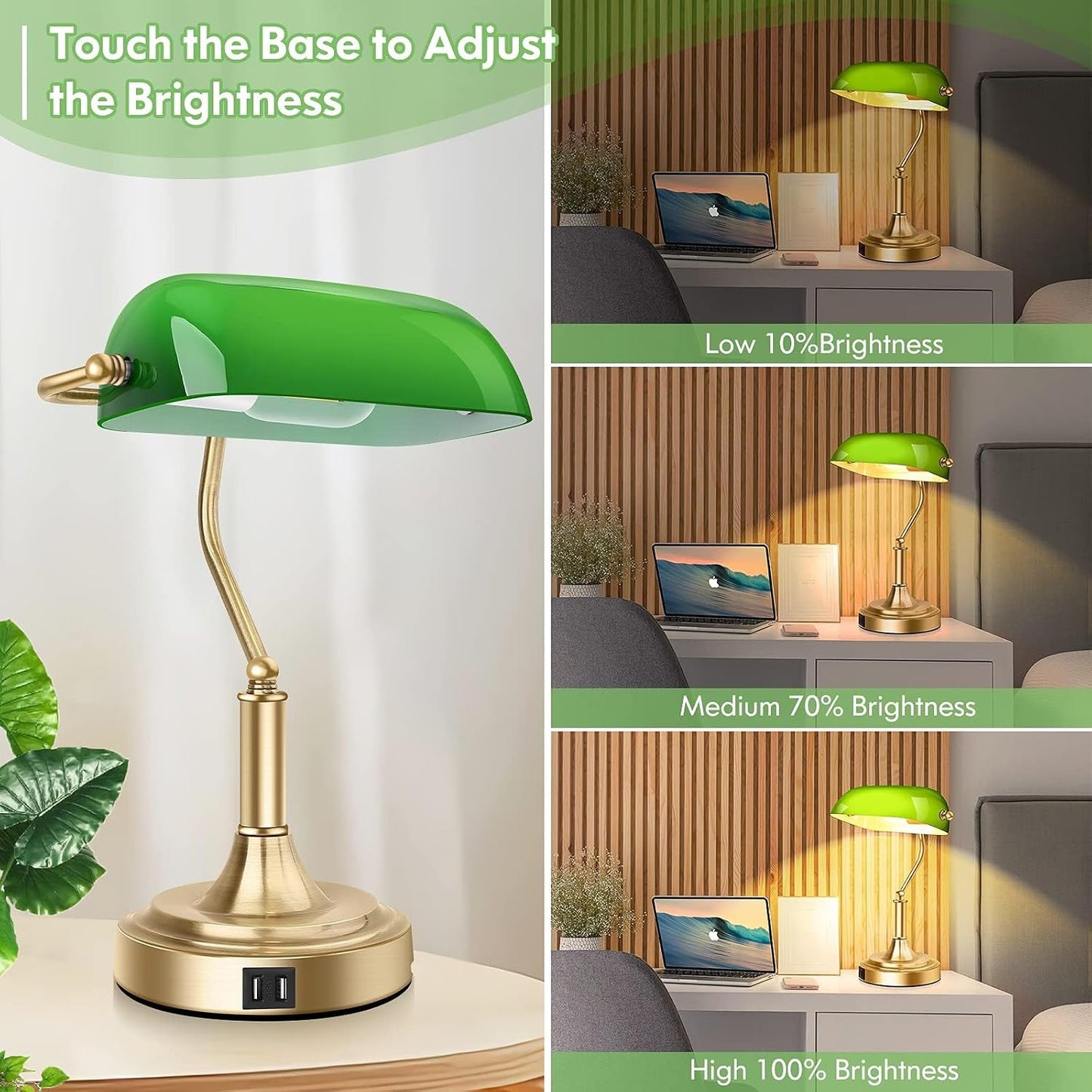 Bankers Lamp with 2 USB Ports, Touch Control Green Glass Desk Lamp with Brass Base, 3-Way Dimmable Vintage Desk Lamp