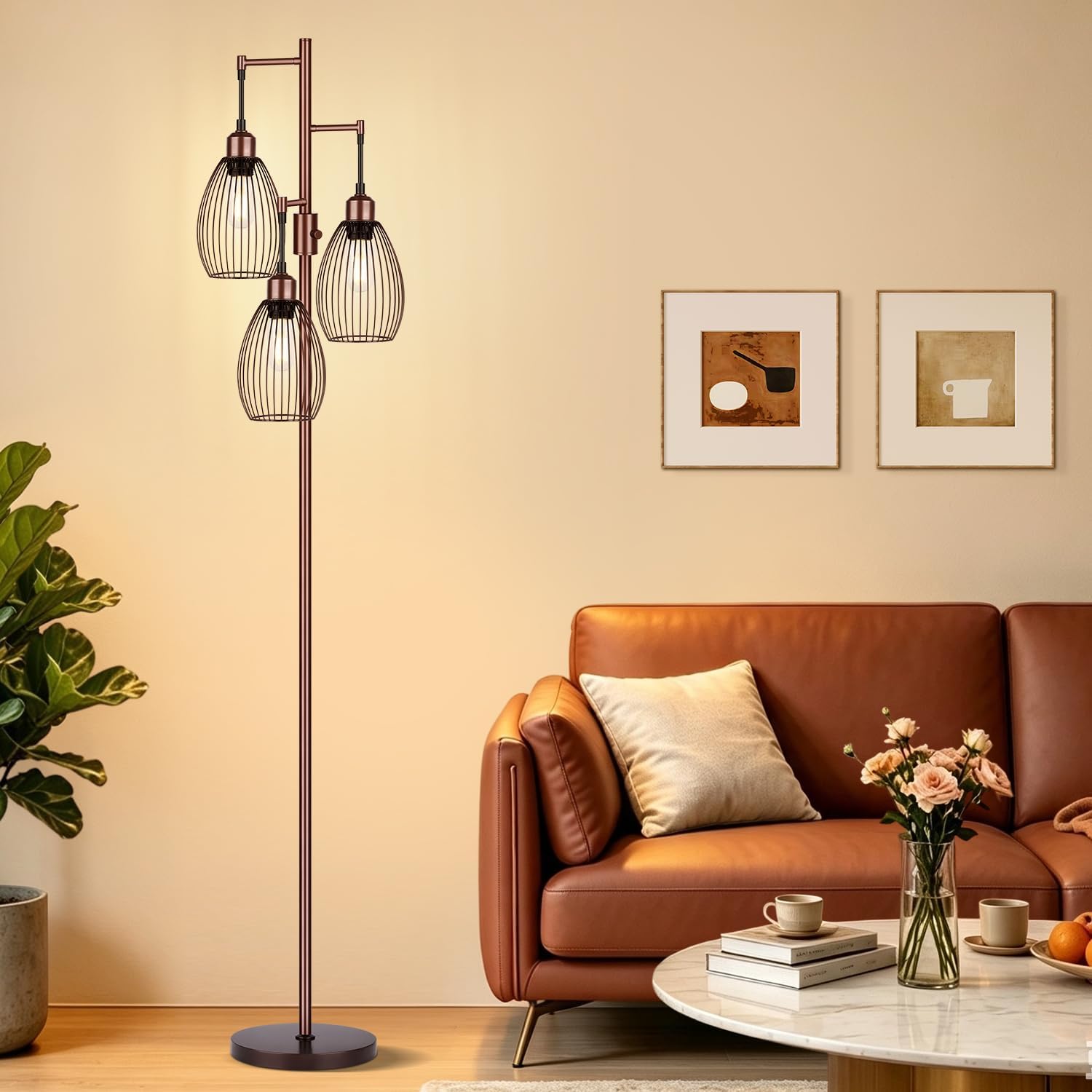 Dimmable Floor Lamp, 3 x 800LM LED Edison Bulbs Included, Farmhouse Industrial Floor Lamp Standing Lamp with Elegant