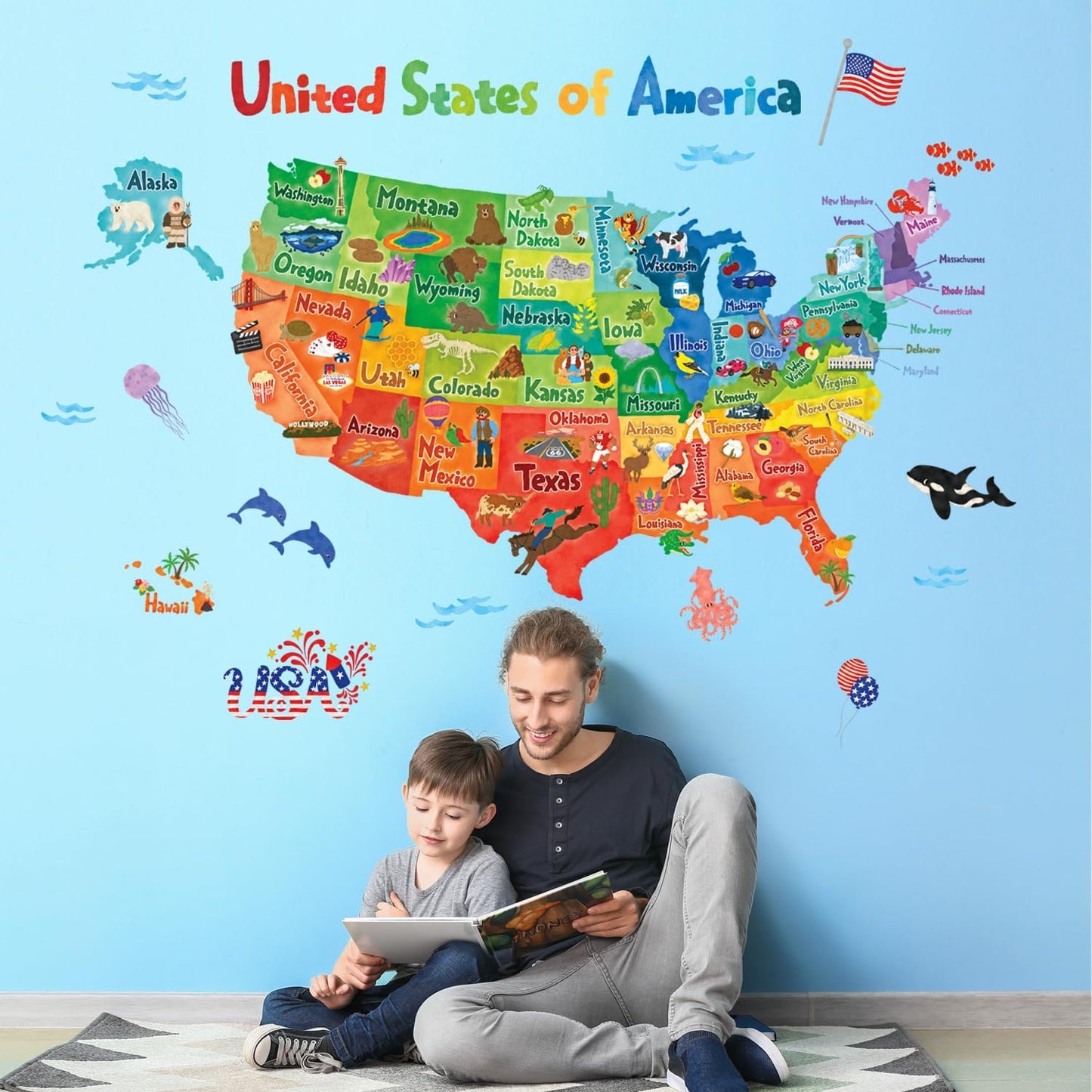 SG2-2307 Colourful USA Wall Stickers Decals Peel and Stick Removable for Kids Nursery Bedroom Living