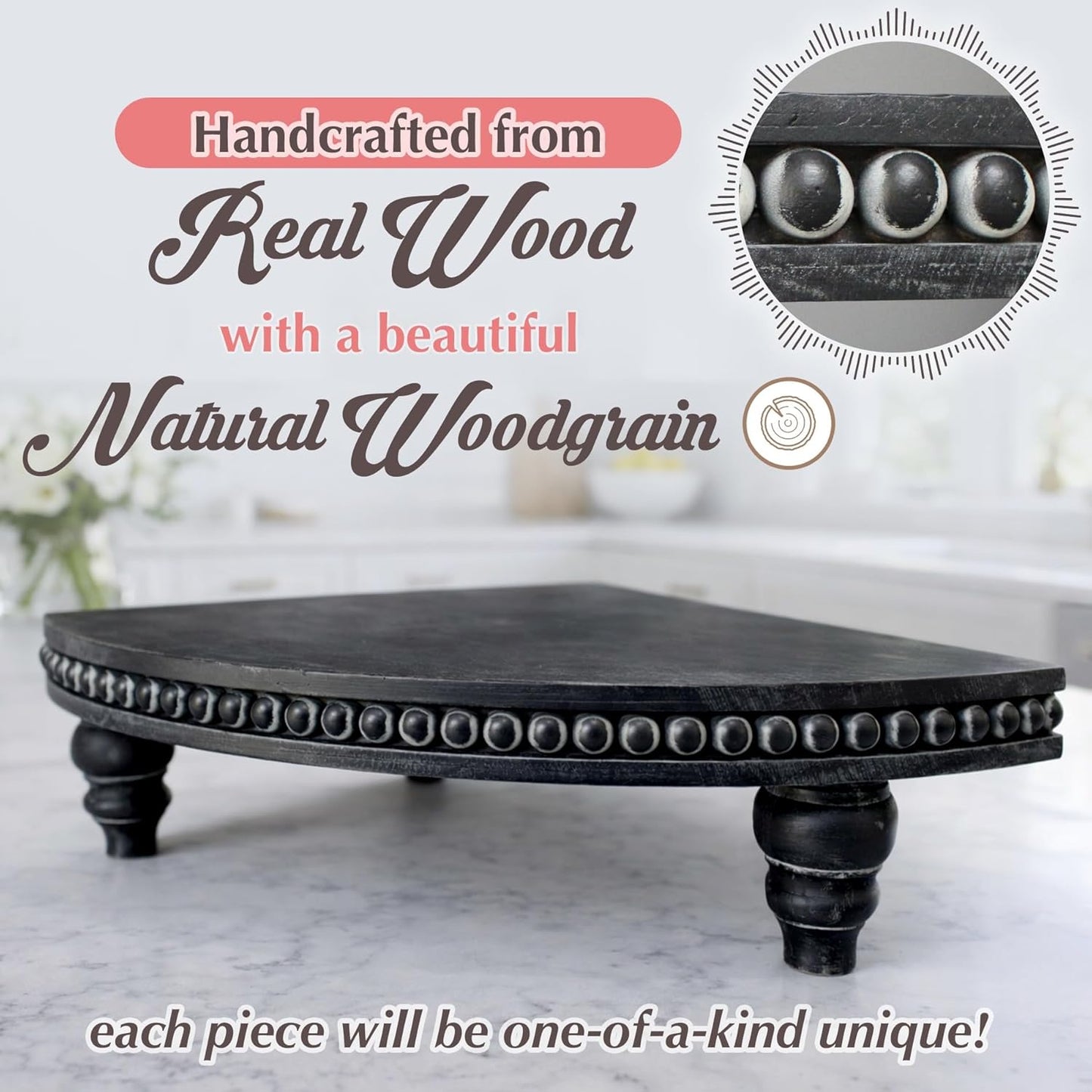 Farmhouse Wood Rounded Beaded Tray / Rustic Black