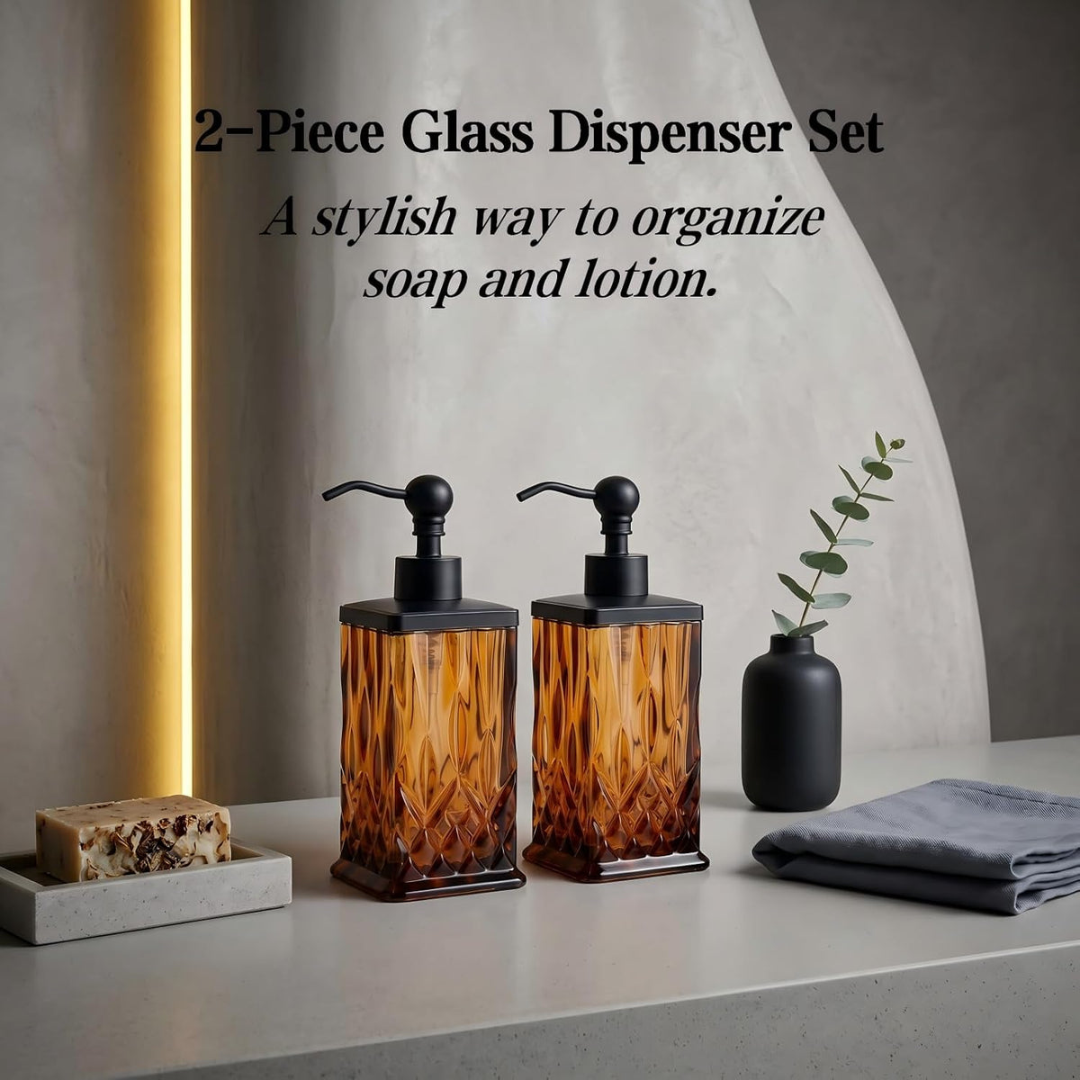 2 Pack 10Oz Amber Soap Dispenser, Square Thick Glass | Featured texture pattern, for lotion,hand soap or body wash for