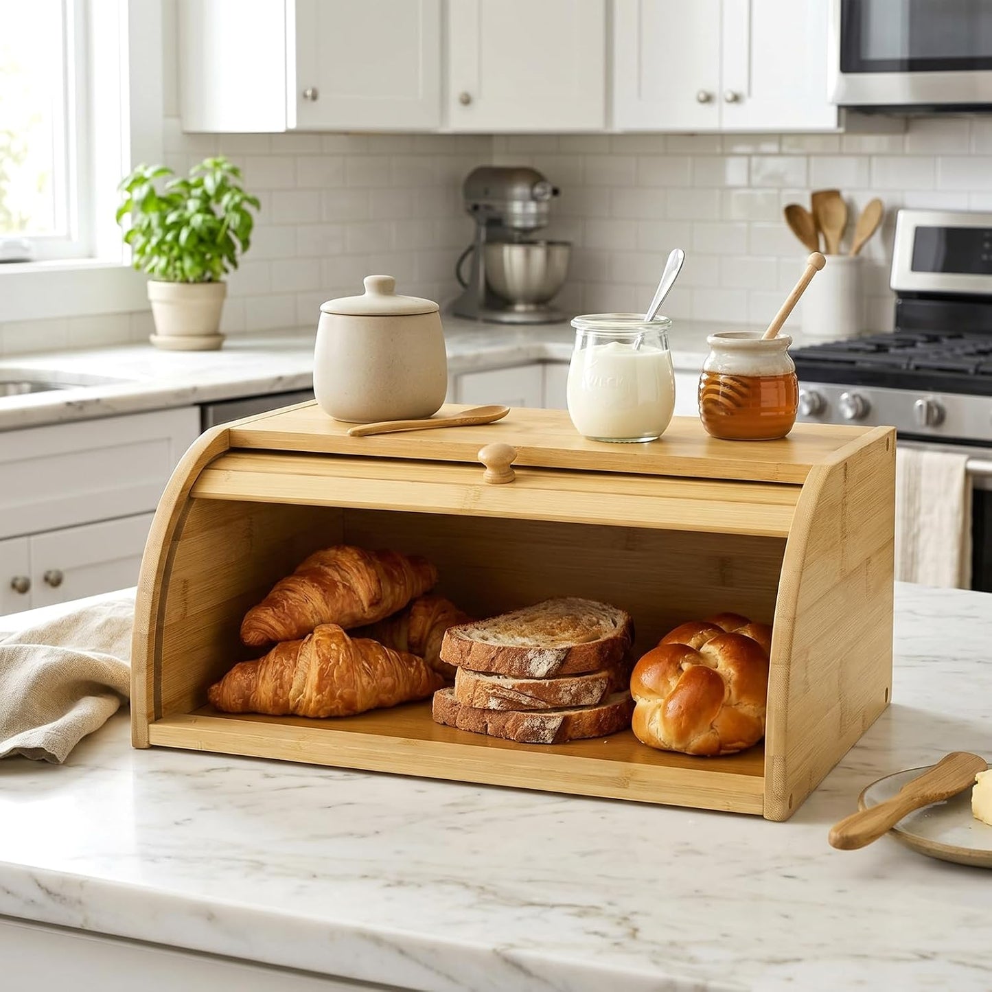 Lawei Bamboo Bread Box, Large Natural Roll Top Wood Bread Box, Countertop Bread Storage Bin, Bread Boxes Holder for