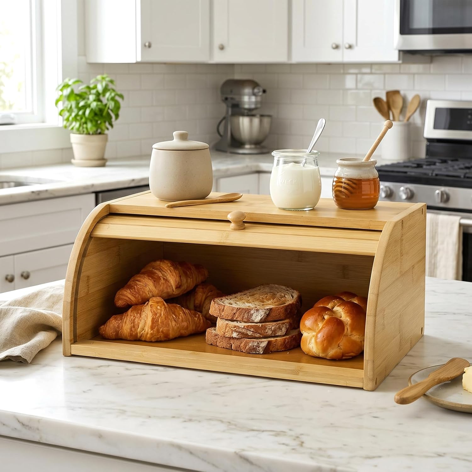 Lawei Bamboo Bread Box, Large Natural Roll Top Wood Bread Box, Countertop Bread Storage Bin, Bread Boxes Holder for
