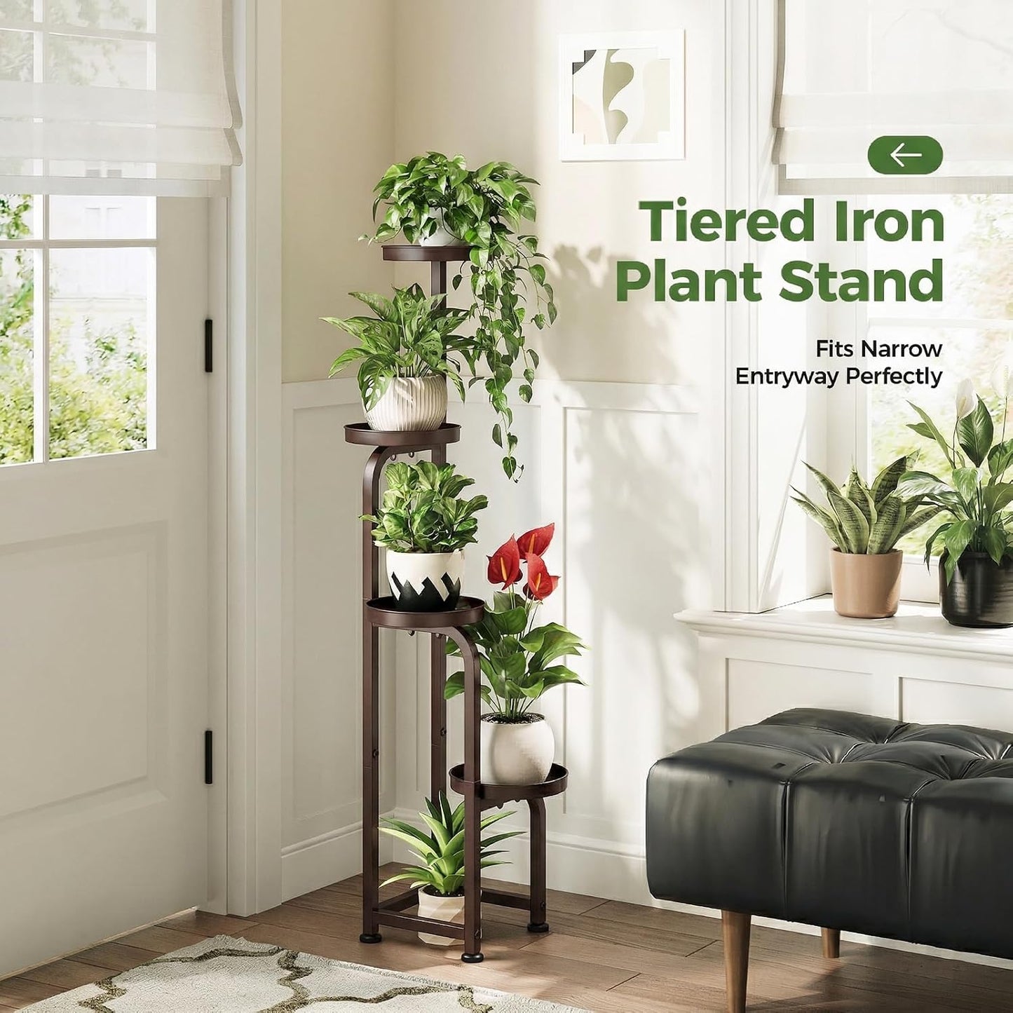 Bamworld Corner Plant Stand Indoor Outdoor Tall Metal Flower Pot Stands | 4 Tier Brown Heavy Duty Plant Shelf for