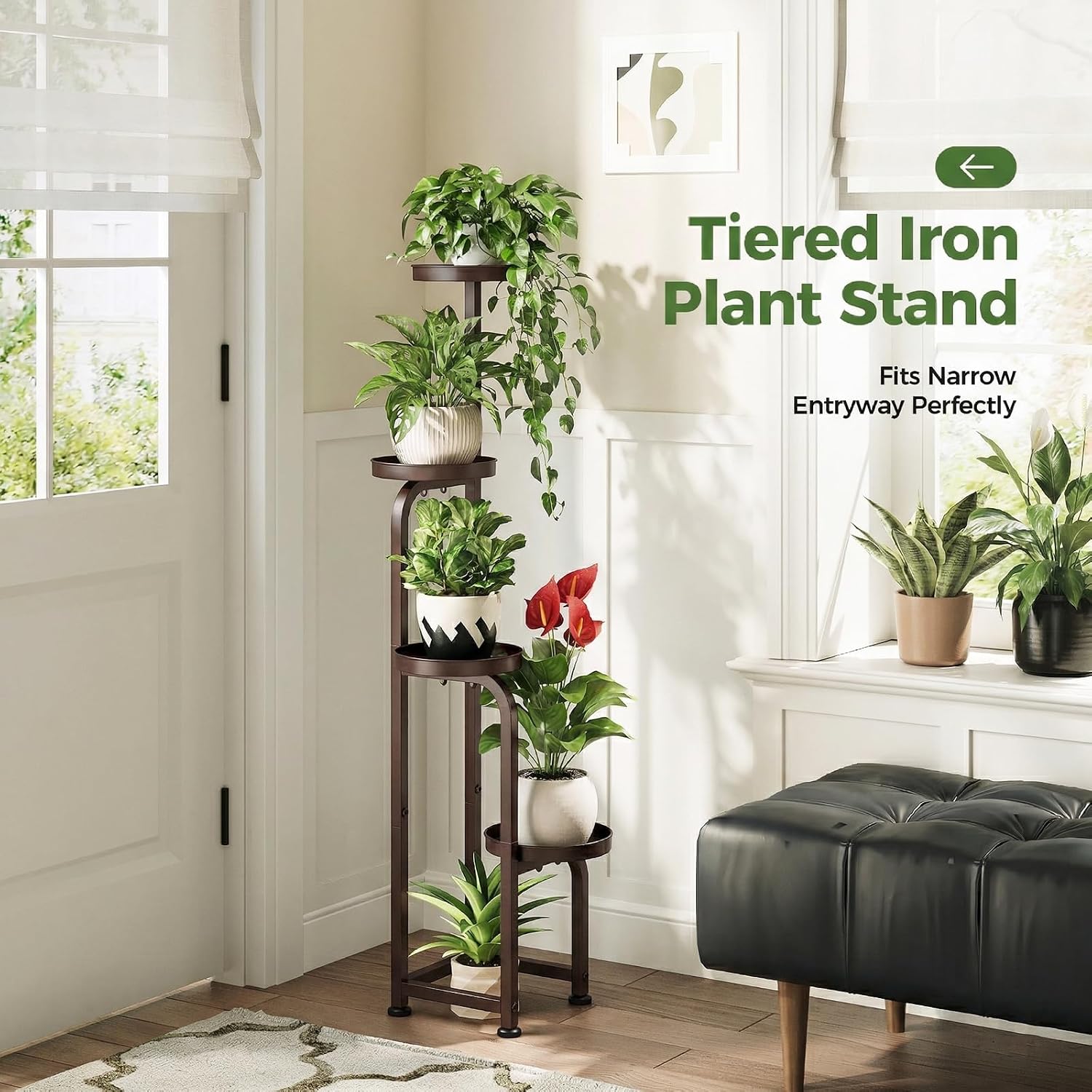 Bamworld Corner Plant Stand Indoor Outdoor Tall Metal Flower Pot Stands | 4 Tier Brown Heavy Duty Plant Shelf for