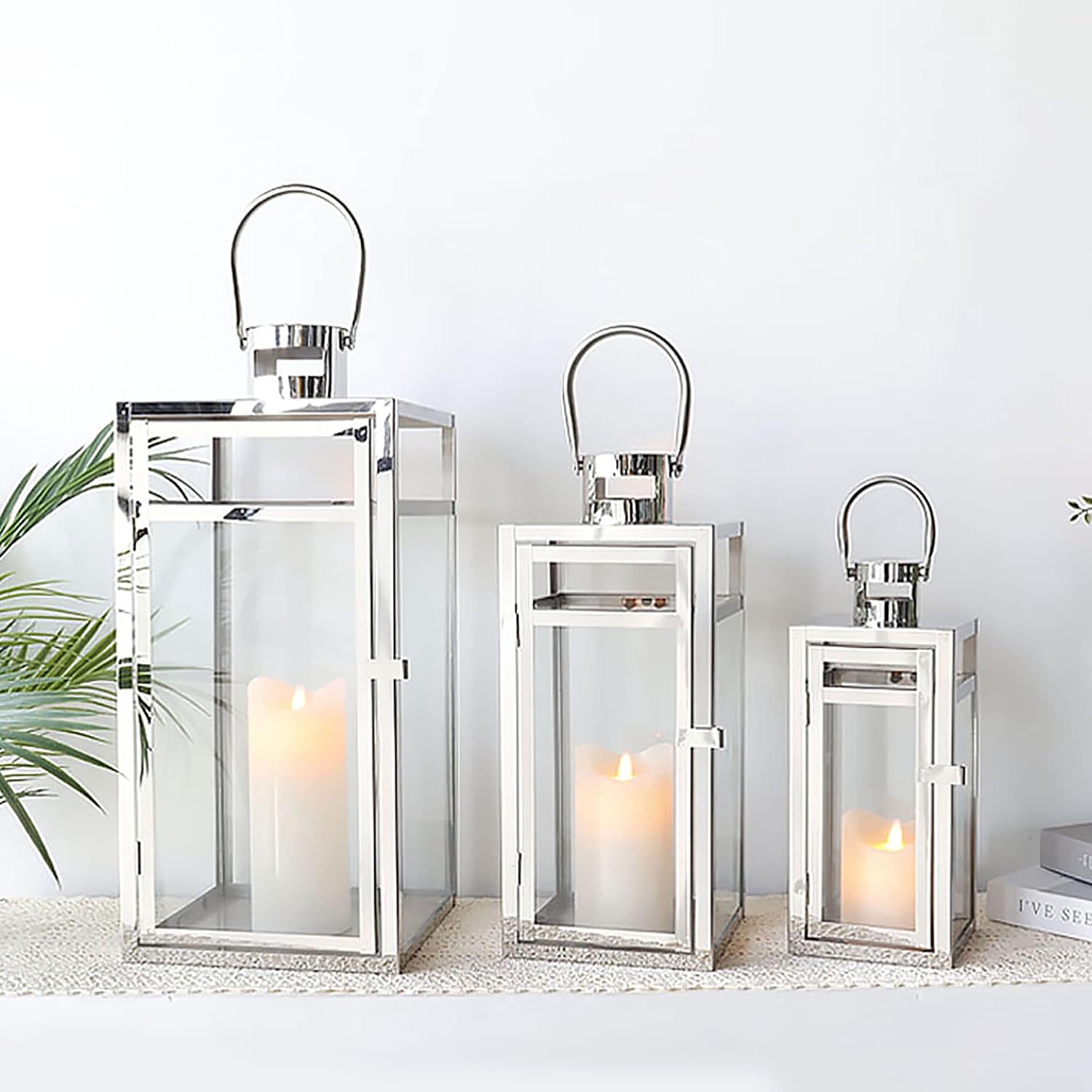 TRIROCKS Stainless Steel Lantern Set of 3, 19/15/12" Tall Metal Hanging Lanterns with Tempered Glass Panels, Indoor &