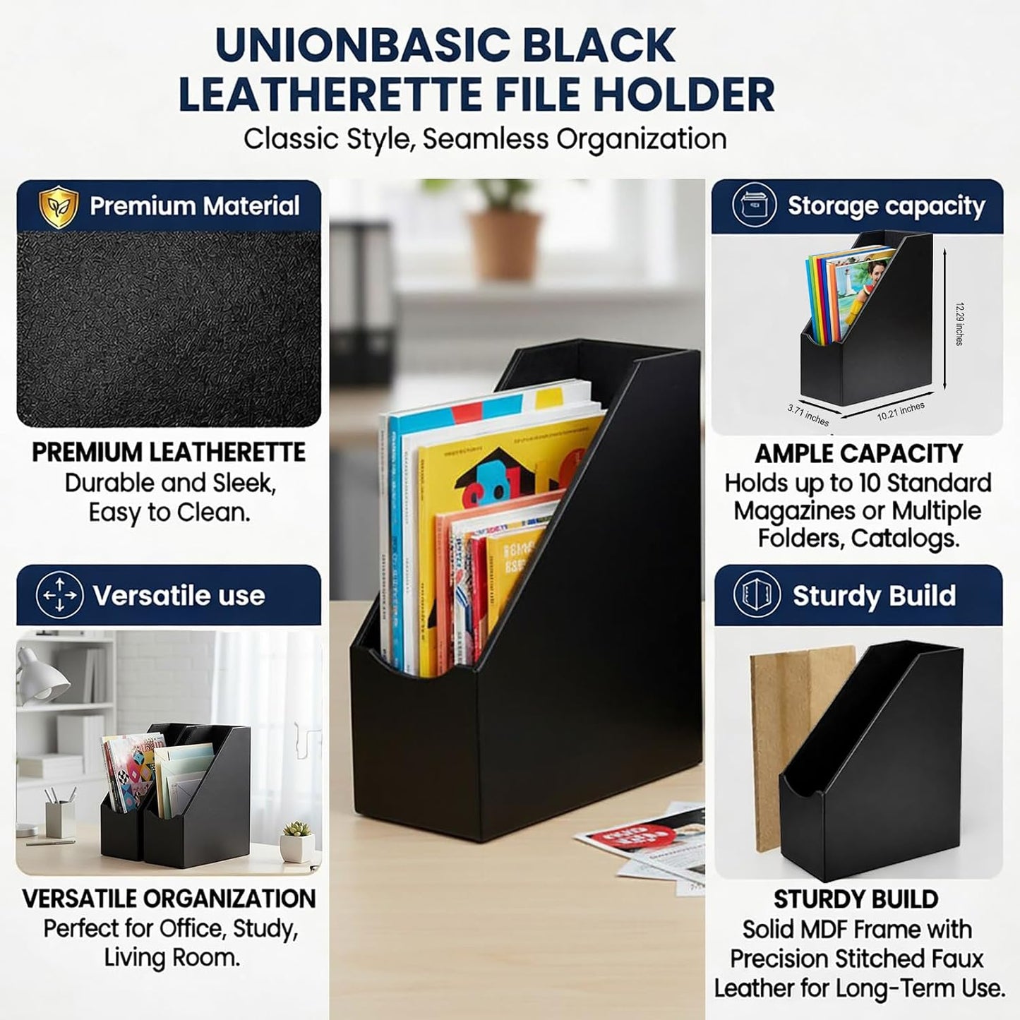 UnionBasic Magazine File Holder, Leatherette Desktop Document Organizer, Home Office Paper Holder File Storage