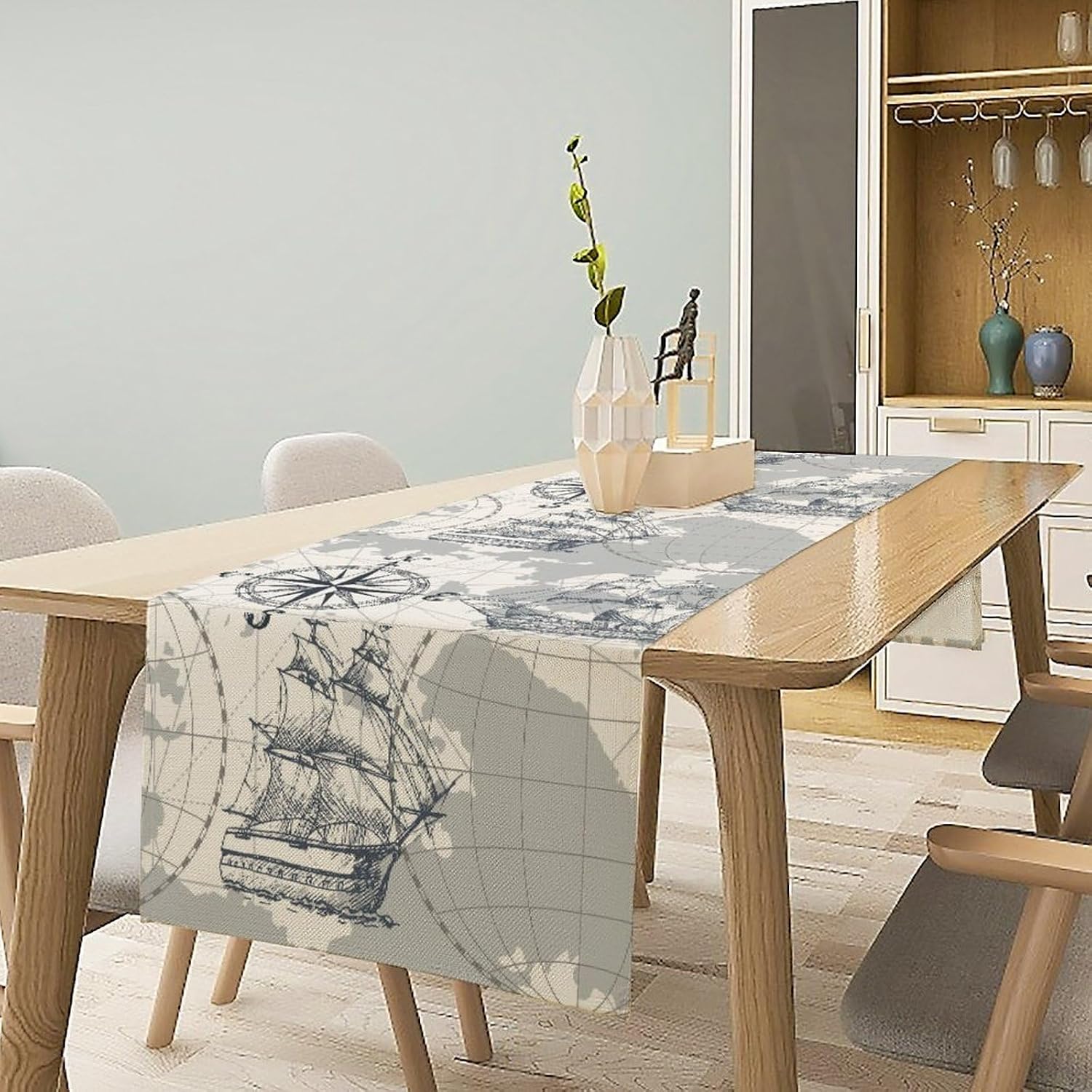 Nautical Sailboat Map Table Runner, Sketch Pirate Ship Wheel Compass Patterns Printed Linen Table Runner for Home