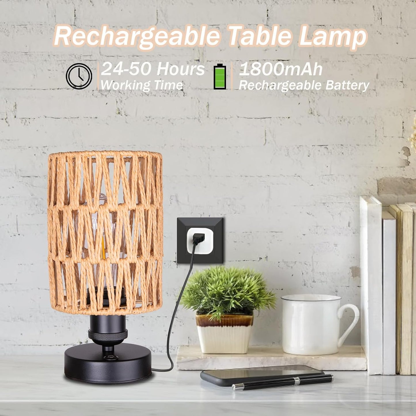 Cordless Rechargeable Outdoor Table Lamps, Battery Operated Table Lamp, Stepless Dimmable for Patio, Living Room, and