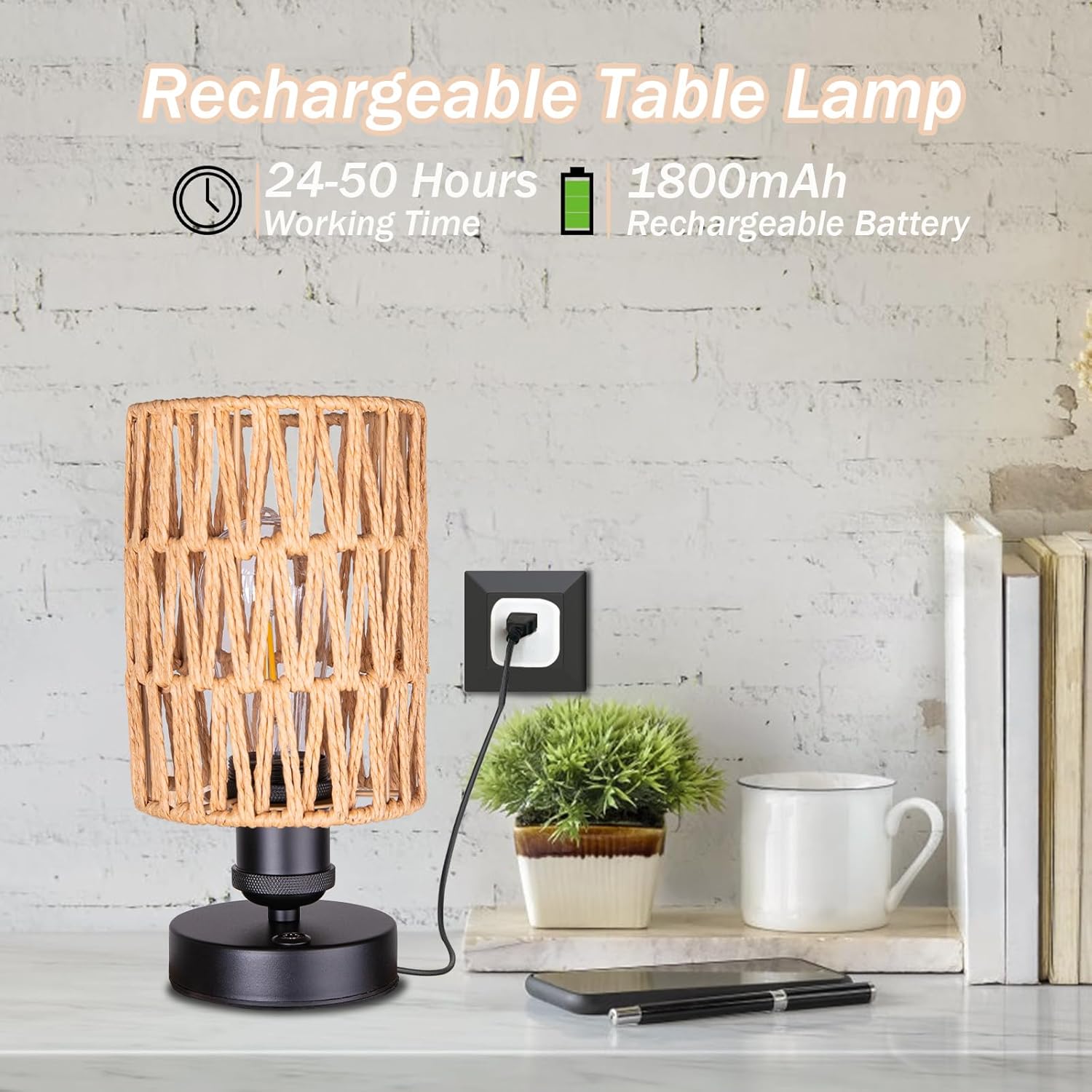 Cordless Rechargeable Outdoor Table Lamps, Battery Operated Table Lamp, Stepless Dimmable for Patio, Living Room, and