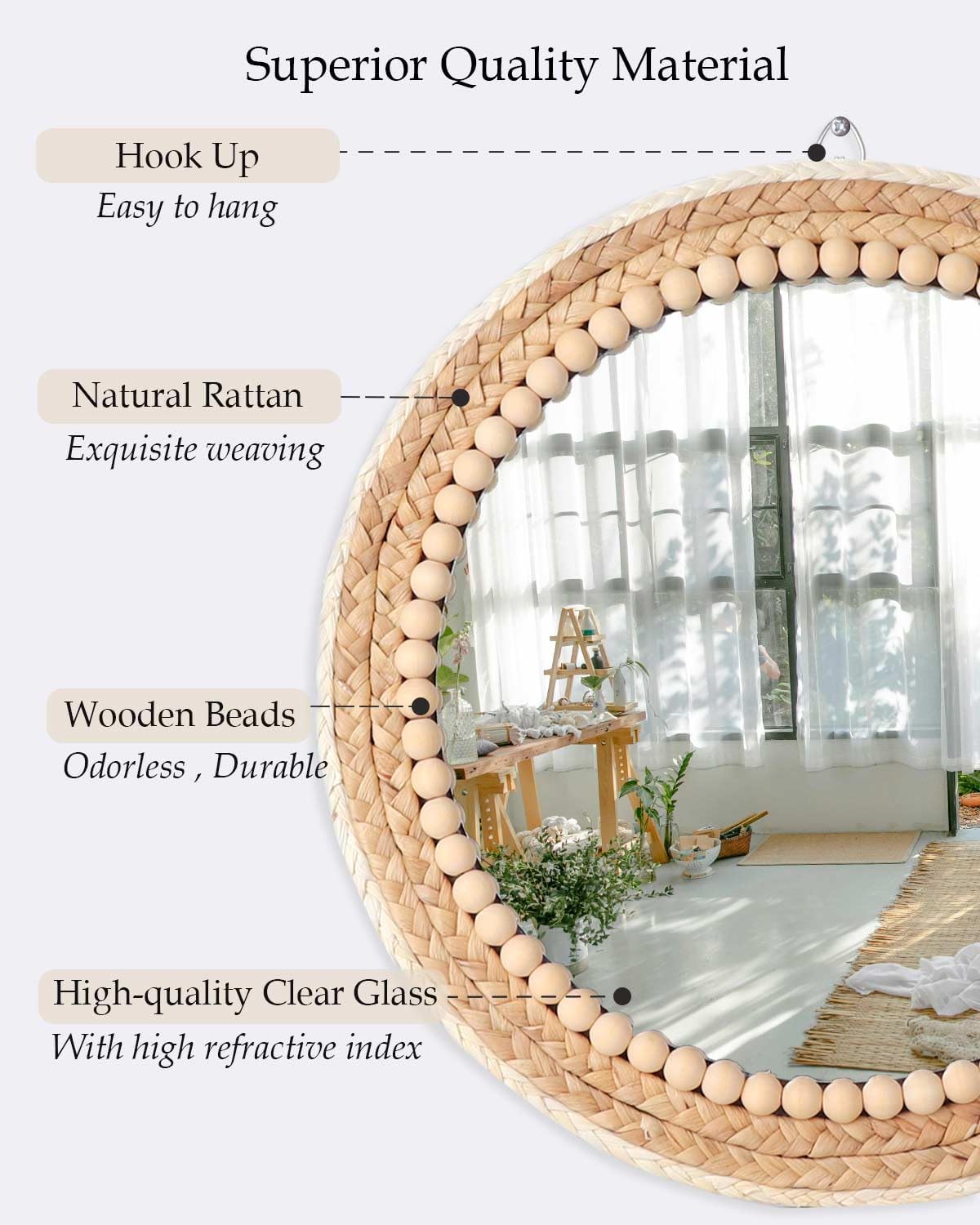 Boho Round Hanging Rattan Circle Nursery Mirror / 15"L x 15"W