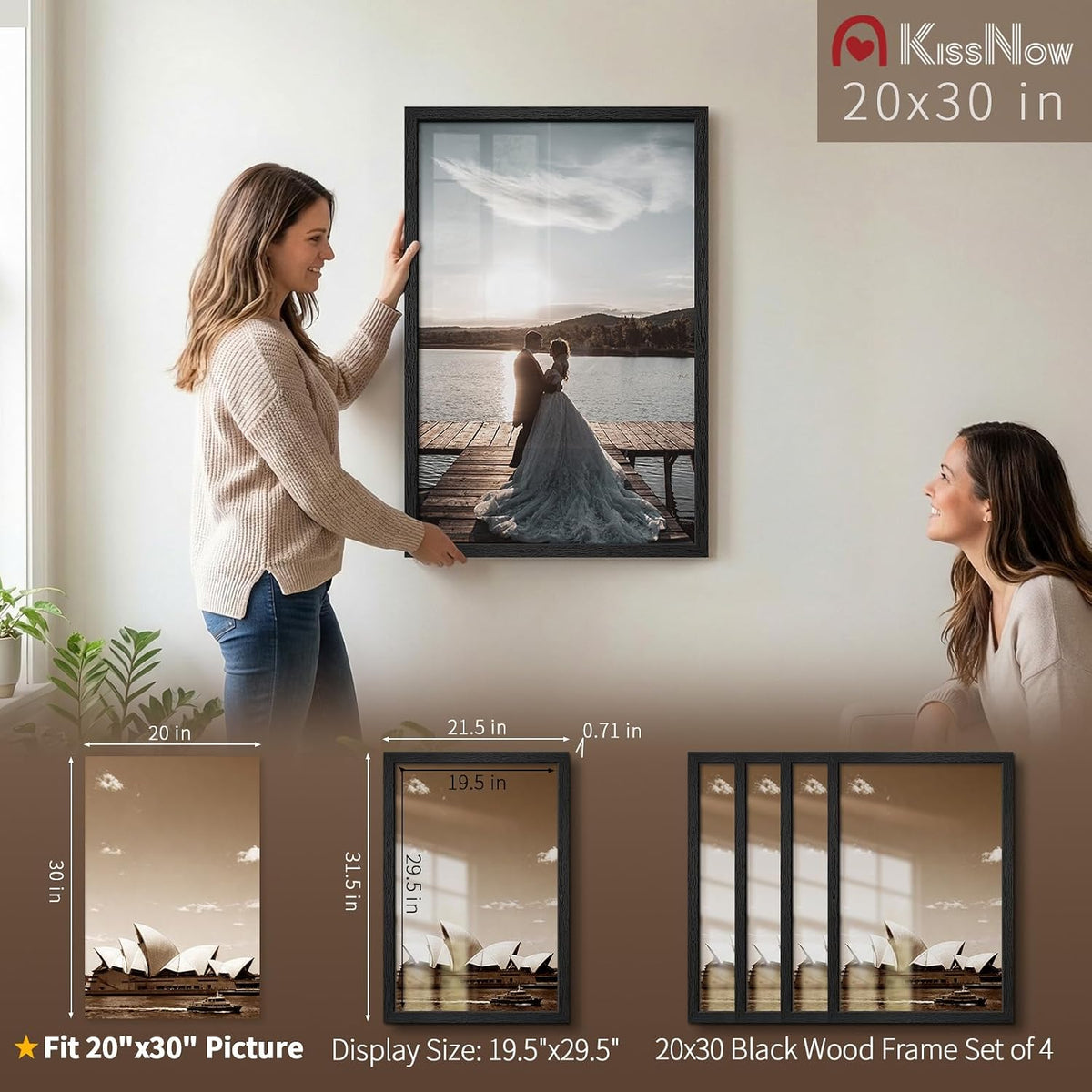 20x30 Poster Frame 4 Pack, Black Solid Wood, Gallery Wall Hanging | Thick & Wide Border, Polished Plexiglass, Vertical