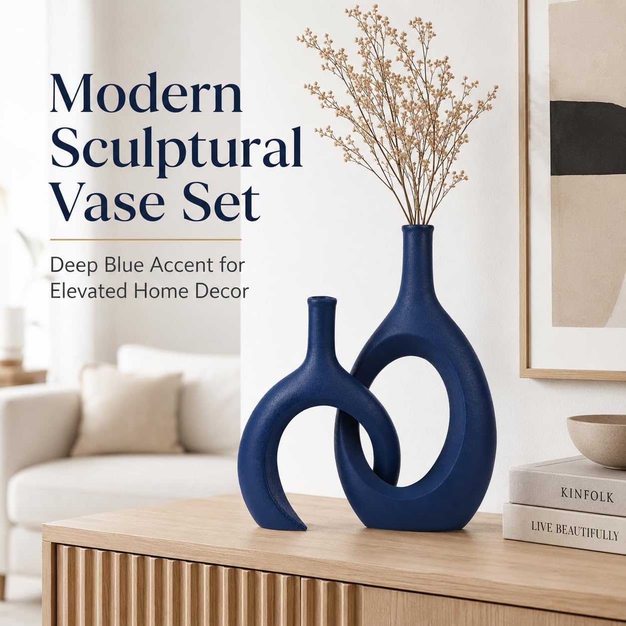 Modern Snuggle and Huging Style Ceramic Vase for Pampas Grass / Blue / Set of 2