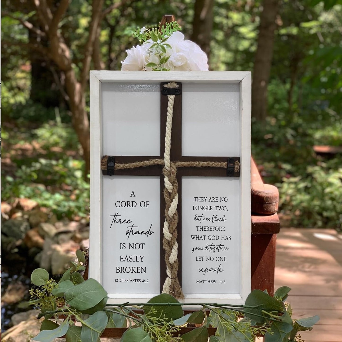 A Cord of Three Strands Wedding Ceremony Wall Decor " Sand Unity Knot Braid / White Cross / 15 x 10