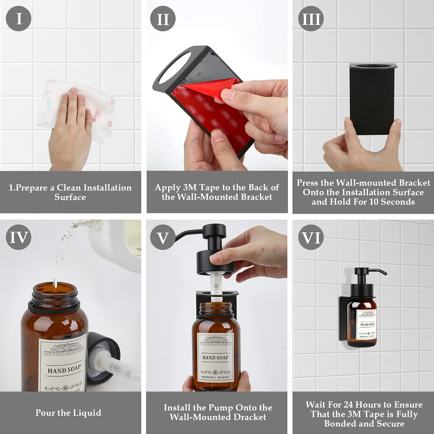 Glass Soap Dispenser with Pump and Wall Mount Holder,8.5 Oz Shampoo and Conditioner Dispenser with Waterproof