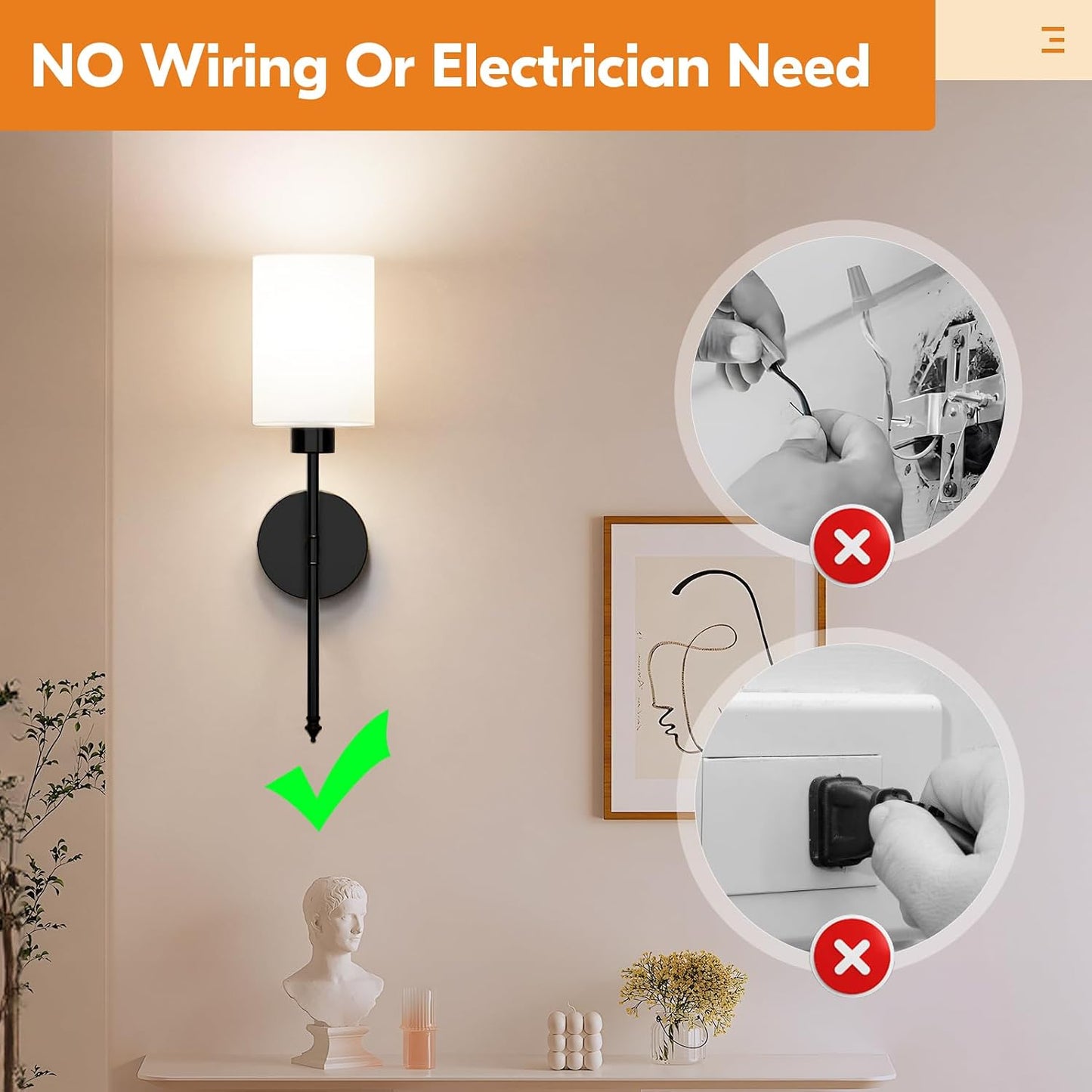 20.67 inch Battery Operated Wall Sconce Set of 2, Black Rechargeable Wall Lights with 10400mAh Dimmable Bulbs and