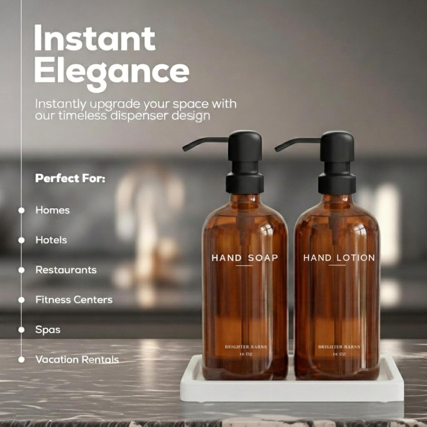Amber Glass Soap and Lotion Dispenser Set with Tray by Brighter Barns - Hand Soap Dispenser Bathroom Set & Stainless