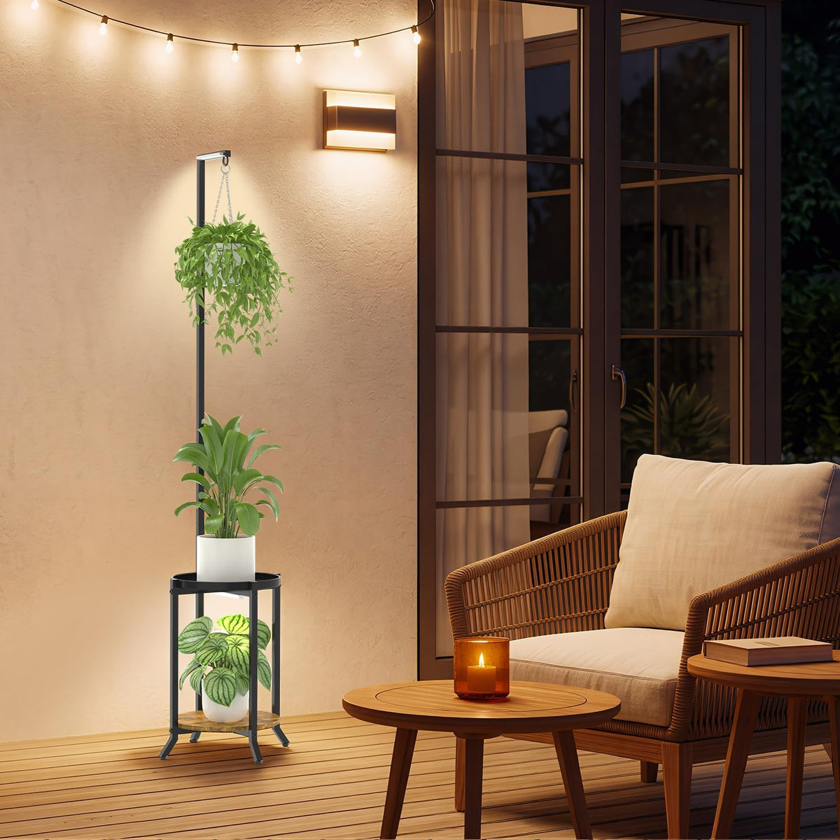 iDavosic.ly Hanging Plant Stand with Grow Light Indoor, 2 Tier, Black Brown | Tall Vertical Corner Metal Flower Shelf