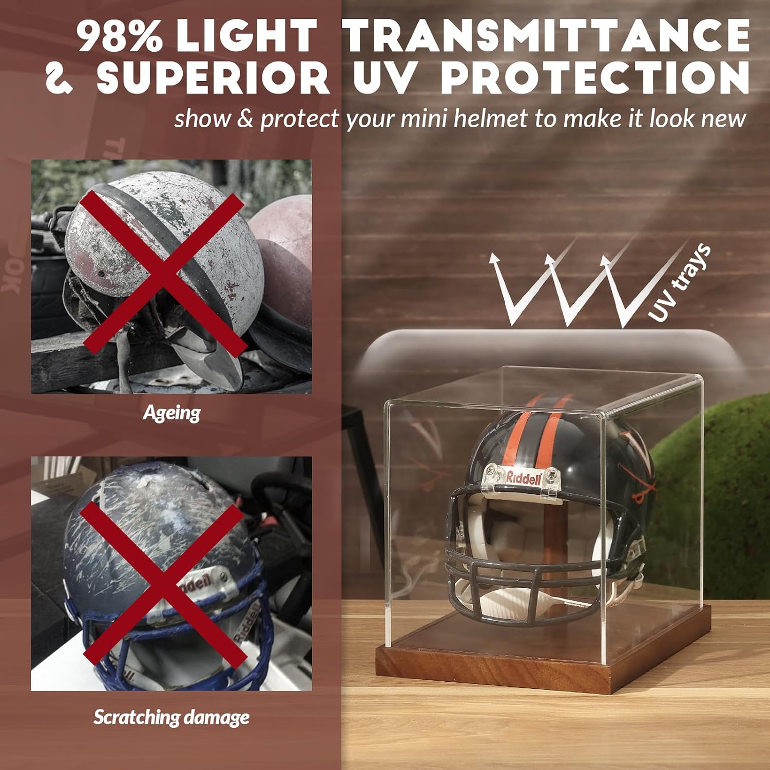 Mini Helmet Display Case, Acrylic Clear 1/2 Football Baseball Helmet Showcase, UV Protection Souvenirs and Collectibles