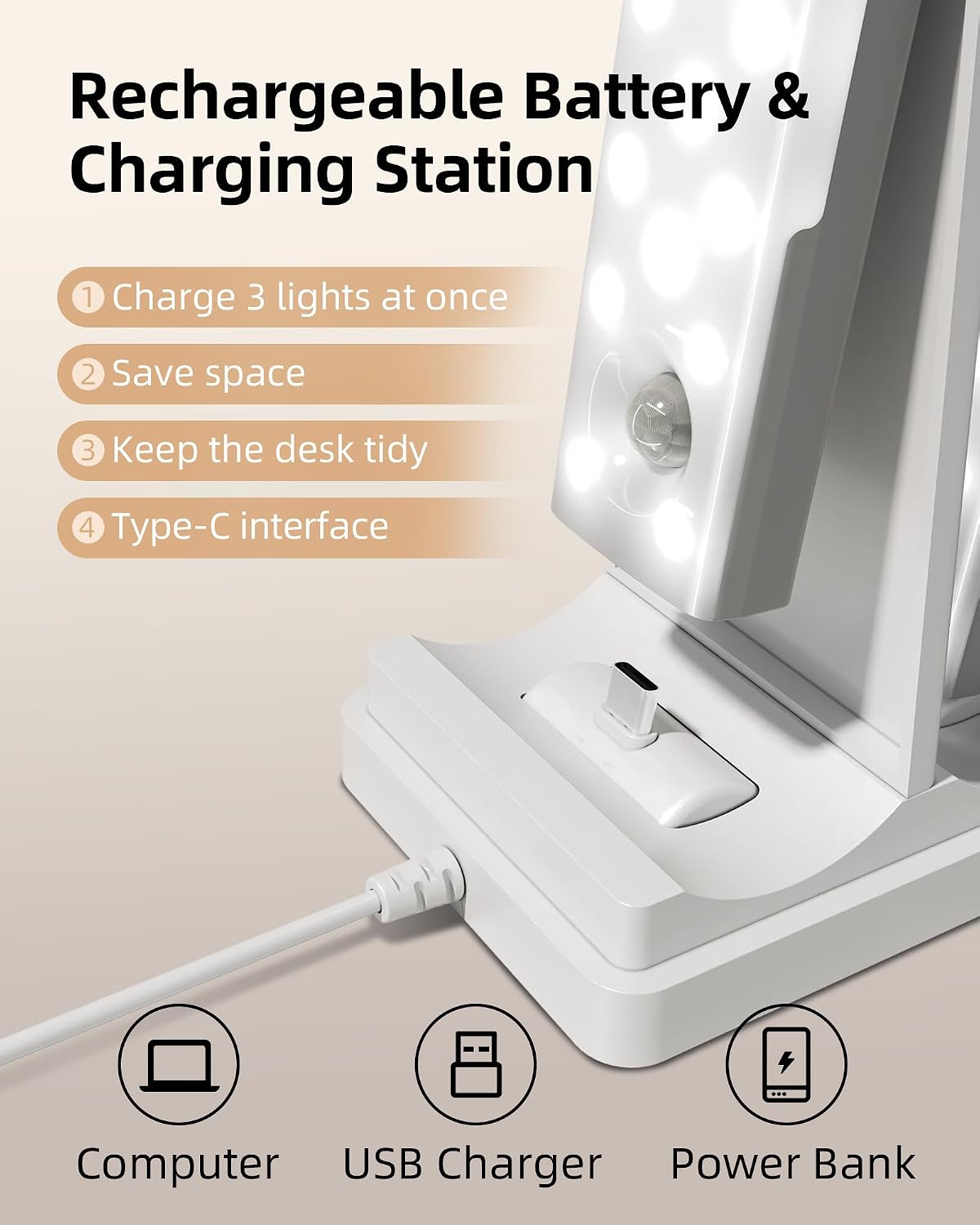 EZVALO 3-Pack Under Cabinet Lighting with Charging Station, 1800mAh Rechargeable Wireless Motion Sensor Lights, 3 Color