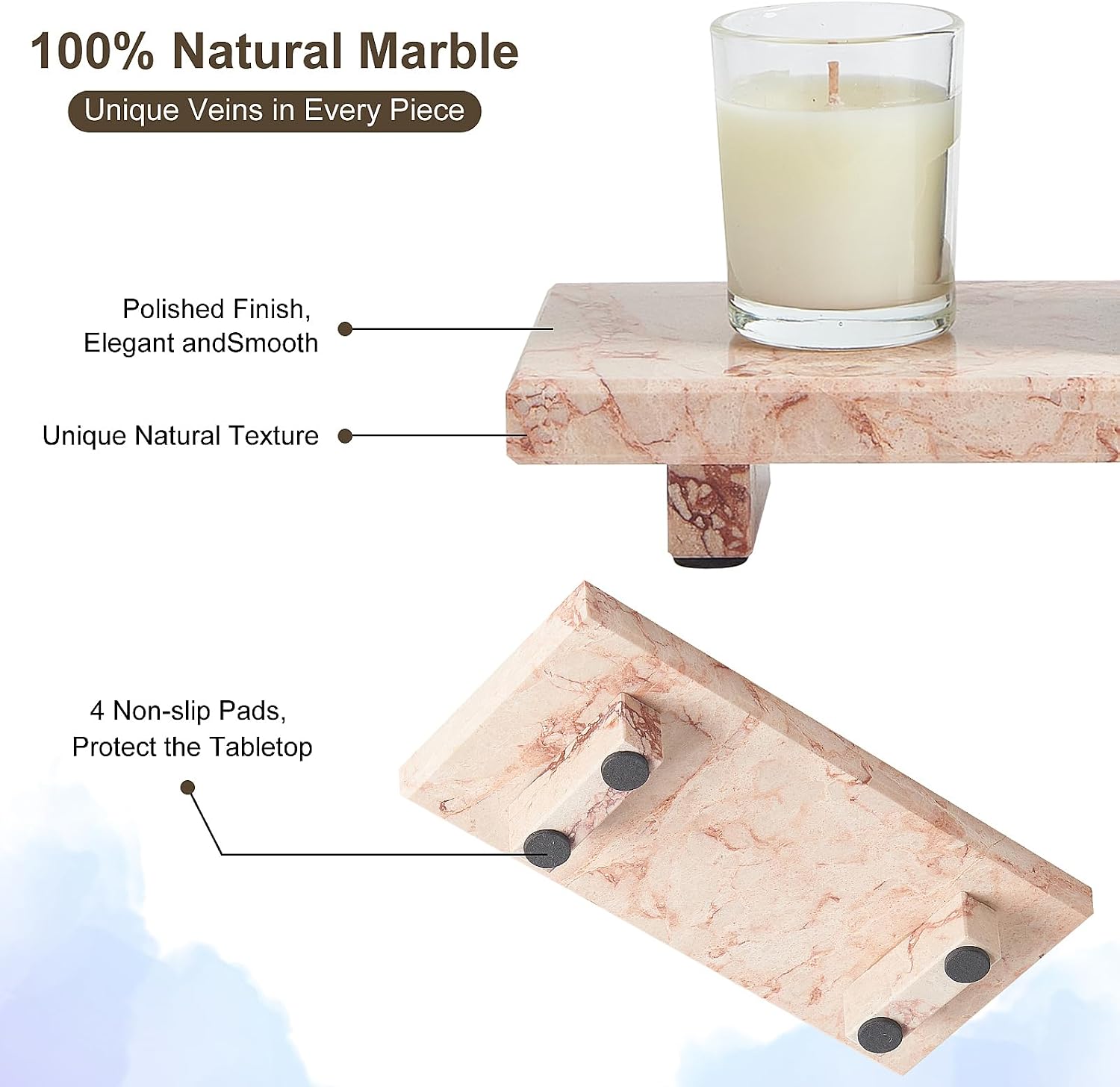 Vanity Organizer / Natural Marble Tray Pedestal Stand / Pink / 8.7 x 4 x 1.6