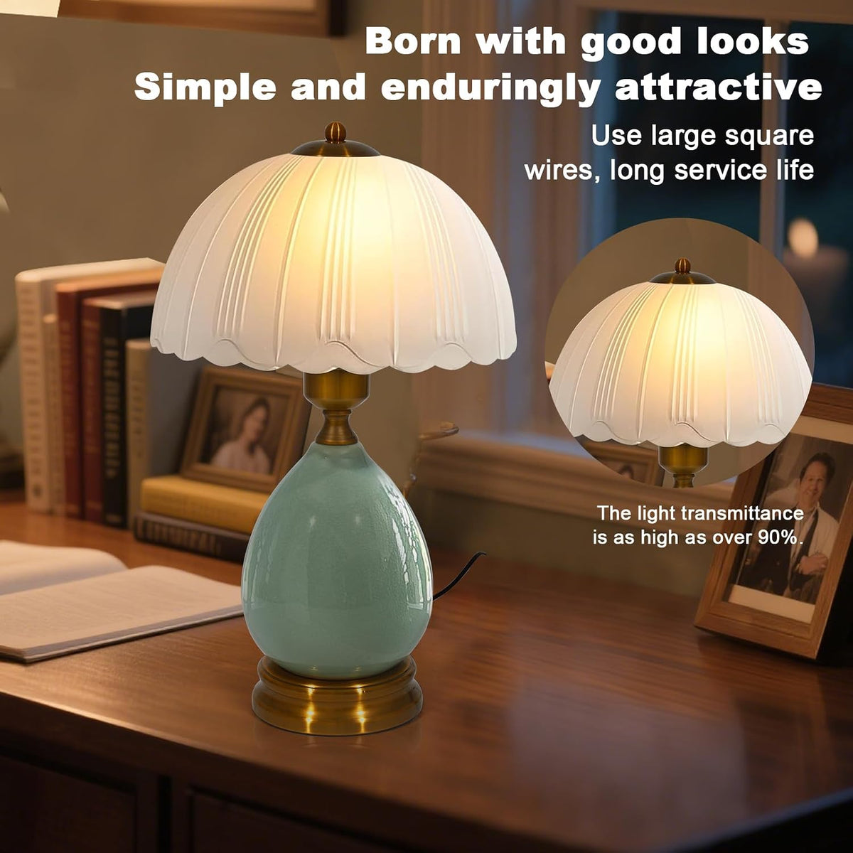 Ceramic Retro Table Lamp, Vintage, 15", Chinoiserie Green Glass | Traditional Design, For Living Room, Bedside