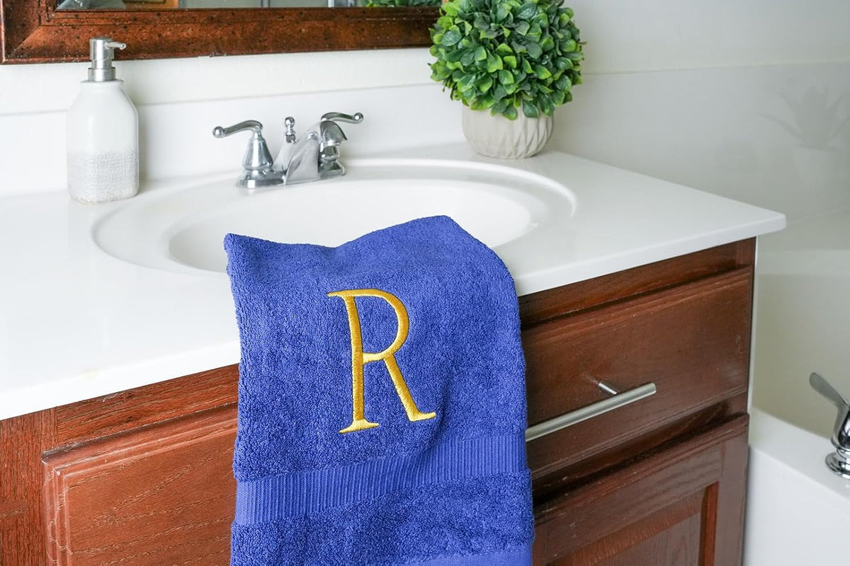 Navy with Gold Monogrammed Hand Towels for Bathroom - Set of 2 Letter R | Luxury Hotel Quality Initial Towels For