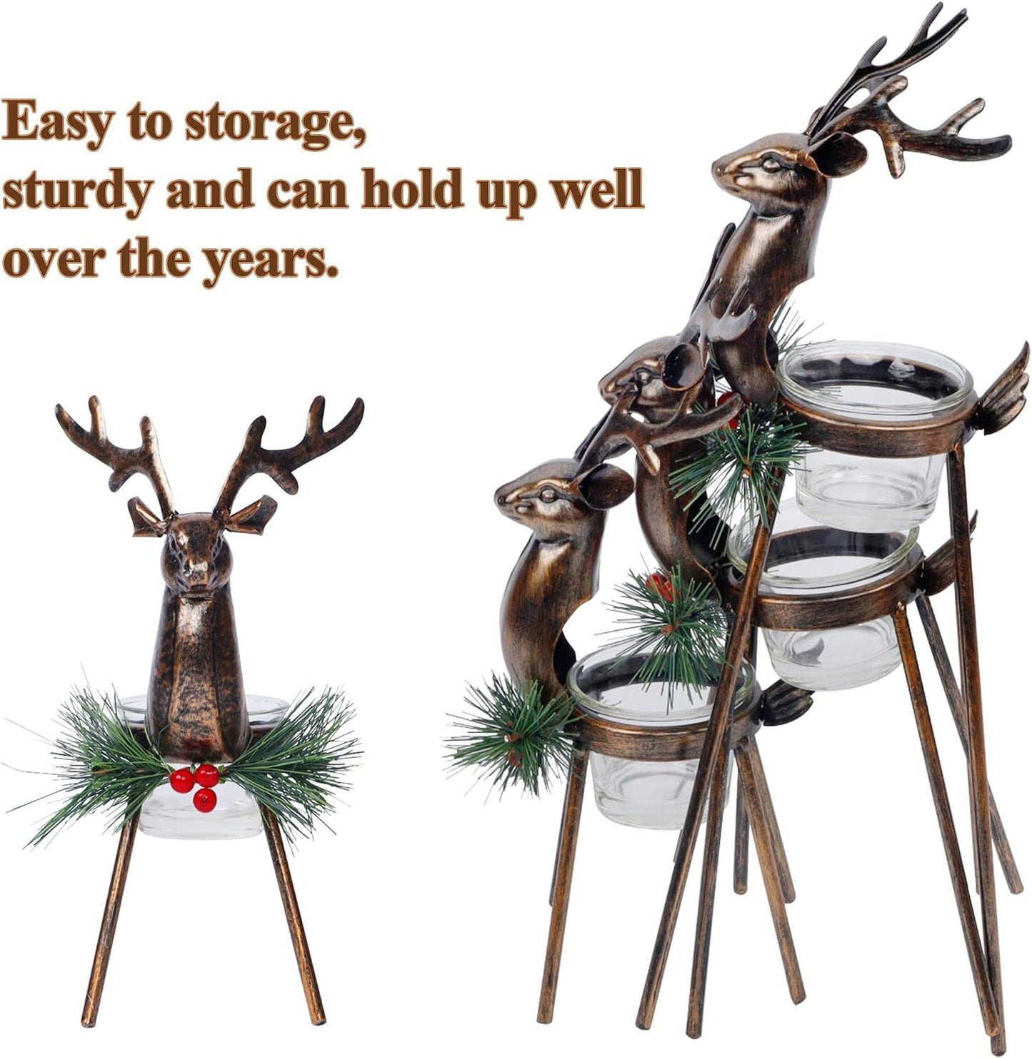 Juegoal Set of 3 Reindeer Tealight Candle Holders, Standing Iron Metal Christmas Decorations, Glass Votive Candle