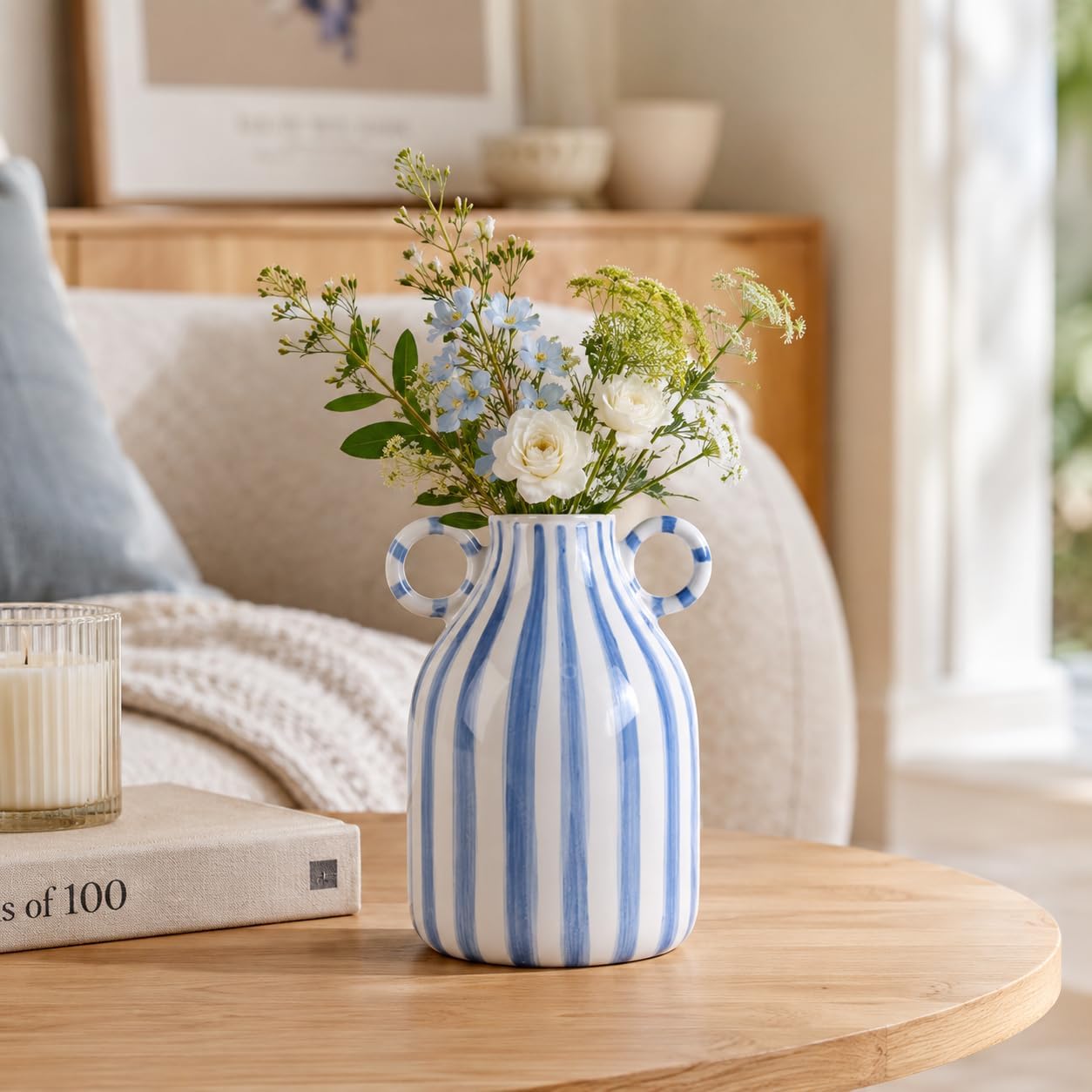 Ceramic Vase / Nordic Boho Small Vases Side Table Flower Centerpiece / Blue and White