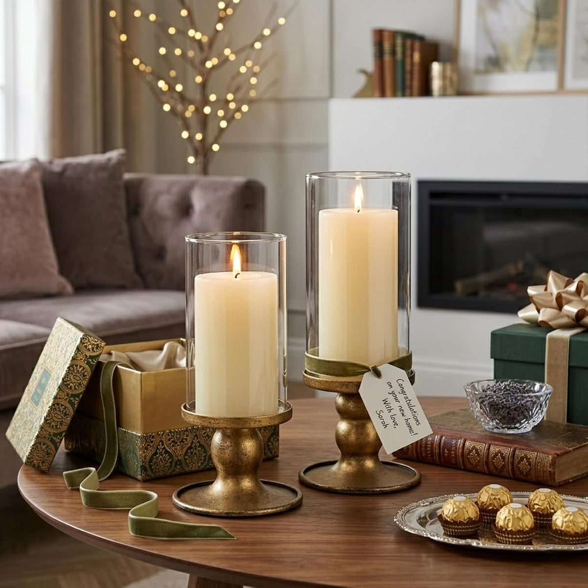 NITIME 2pcs Hurricane Candle Holder for Pillar Candles, Antique Brass Iron Candle Holders with Clear Glass Sleeve for